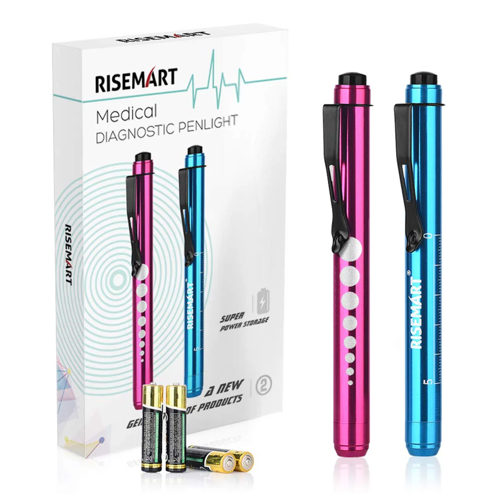 Diagnostic Light Pupil Light, RISEMART Pack of 2 Reusable LED Pen Lamp with Pocket Clip as Nurses Doctors Students Pen Light with 4 Batteries (Red and Blue) Red and Blue