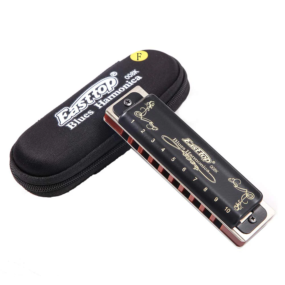 Diatonic Blues Harmonica 10 Holes Blues Harmonica 20 tones black T008K with Case,More Professional Harmonica for Beginner ,Students,Adults and Professional Player (Key of F) Key of F