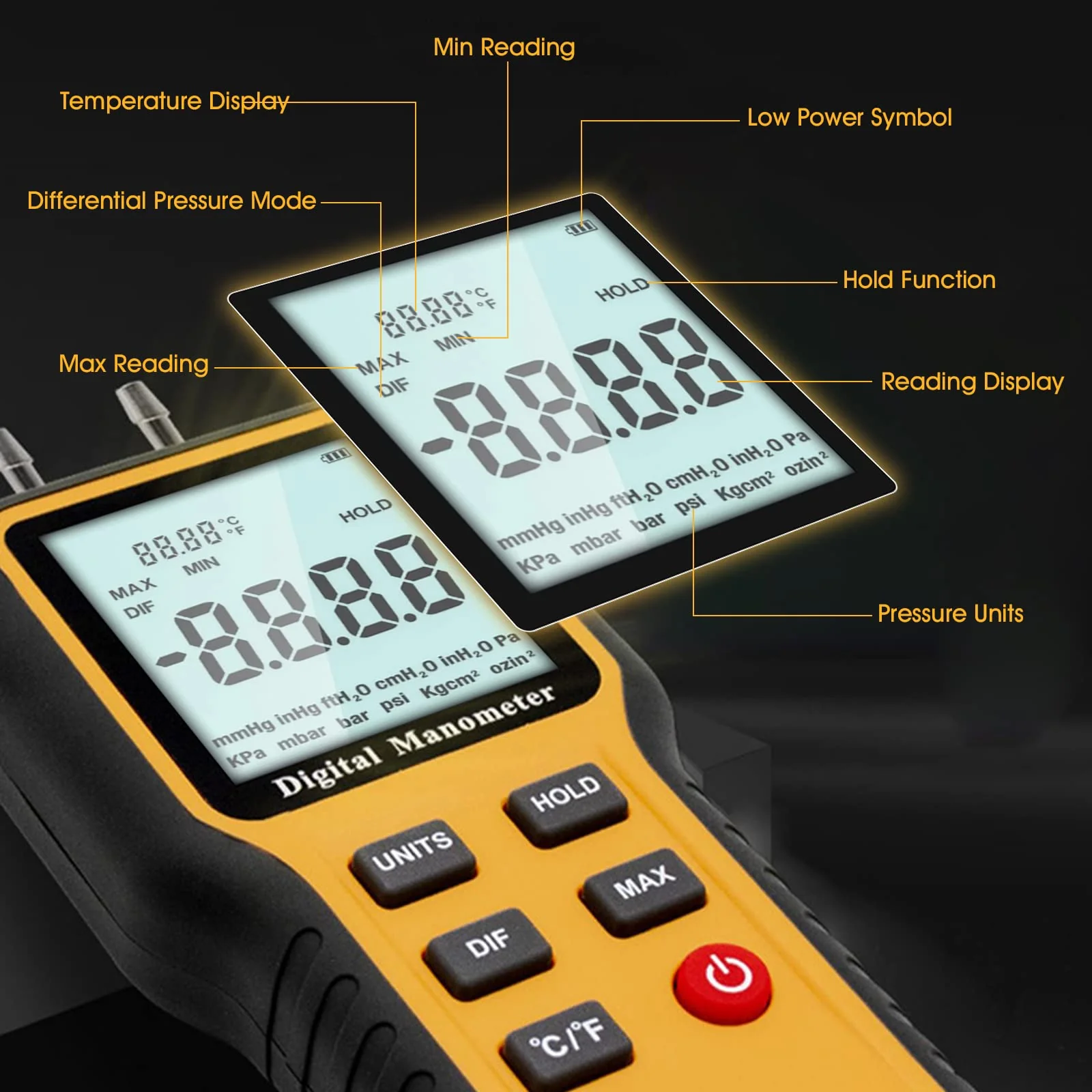 Differential Pressure Gauge Gas Pressure Gauge Dual Port Professional Pressure Gauge Air Pressure Meter 12 Selectable Units Differential Pressure Gauge with Battery & Backlight HVAC Yellow (12 units) - Image 4