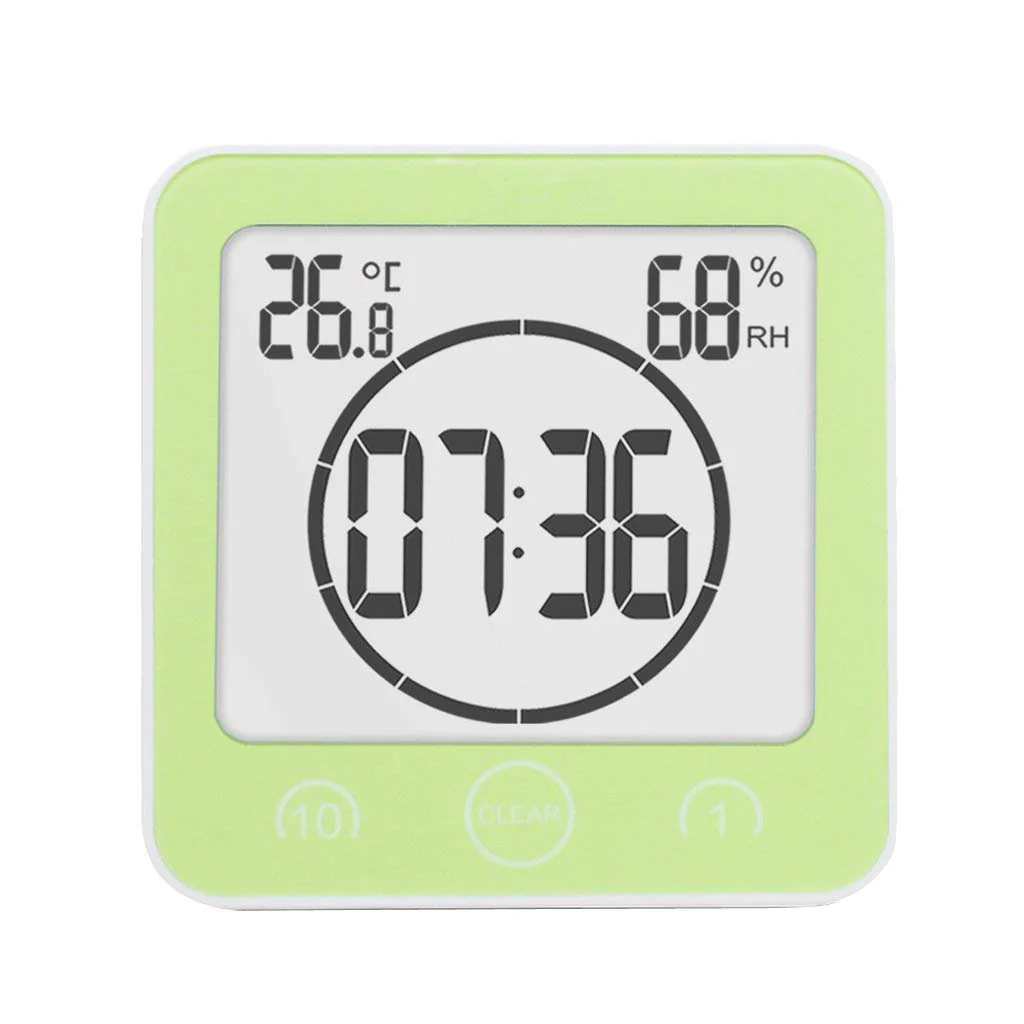 Digital Bathroom Shower Wall Clock Timer with Alarm, LCD Display, Waterproof, Temperature, Humidity, 12/24hr Time, 10/1 Minute Timer, Compact, Easy to Install, Green - Image 2