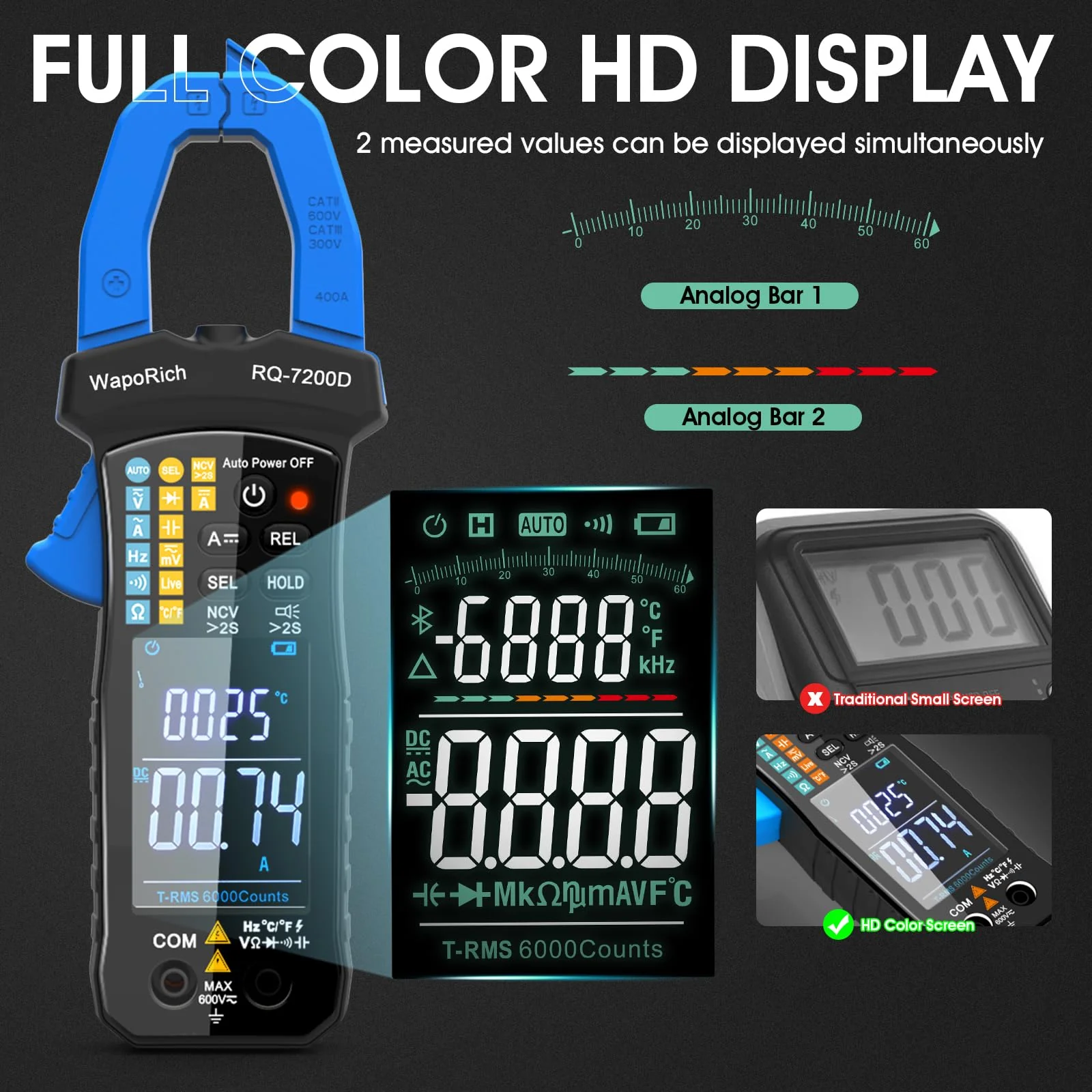 Digital Clamp Meter TRMS 6000 Counts Multimeter, WapoRich Ammeter Voltmeter Tester with Auto Range NCV Measures AC DC Voltage Current Resistance Continuity Capacitance Diodes Temp Frequency RQ-7200D - Image 3