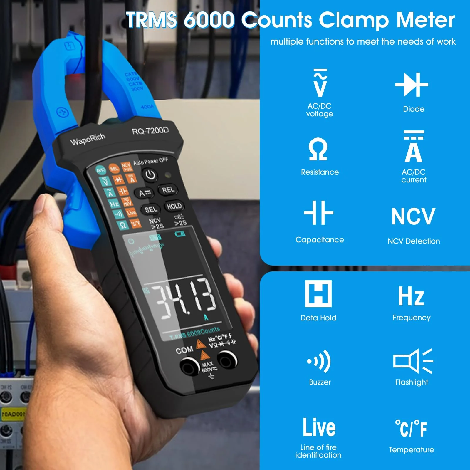 Digital Clamp Meter TRMS 6000 Counts Multimeter, WapoRich Ammeter Voltmeter Tester with Auto Range NCV Measures AC DC Voltage Current Resistance Continuity Capacitance Diodes Temp Frequency RQ-7200D - Image 4