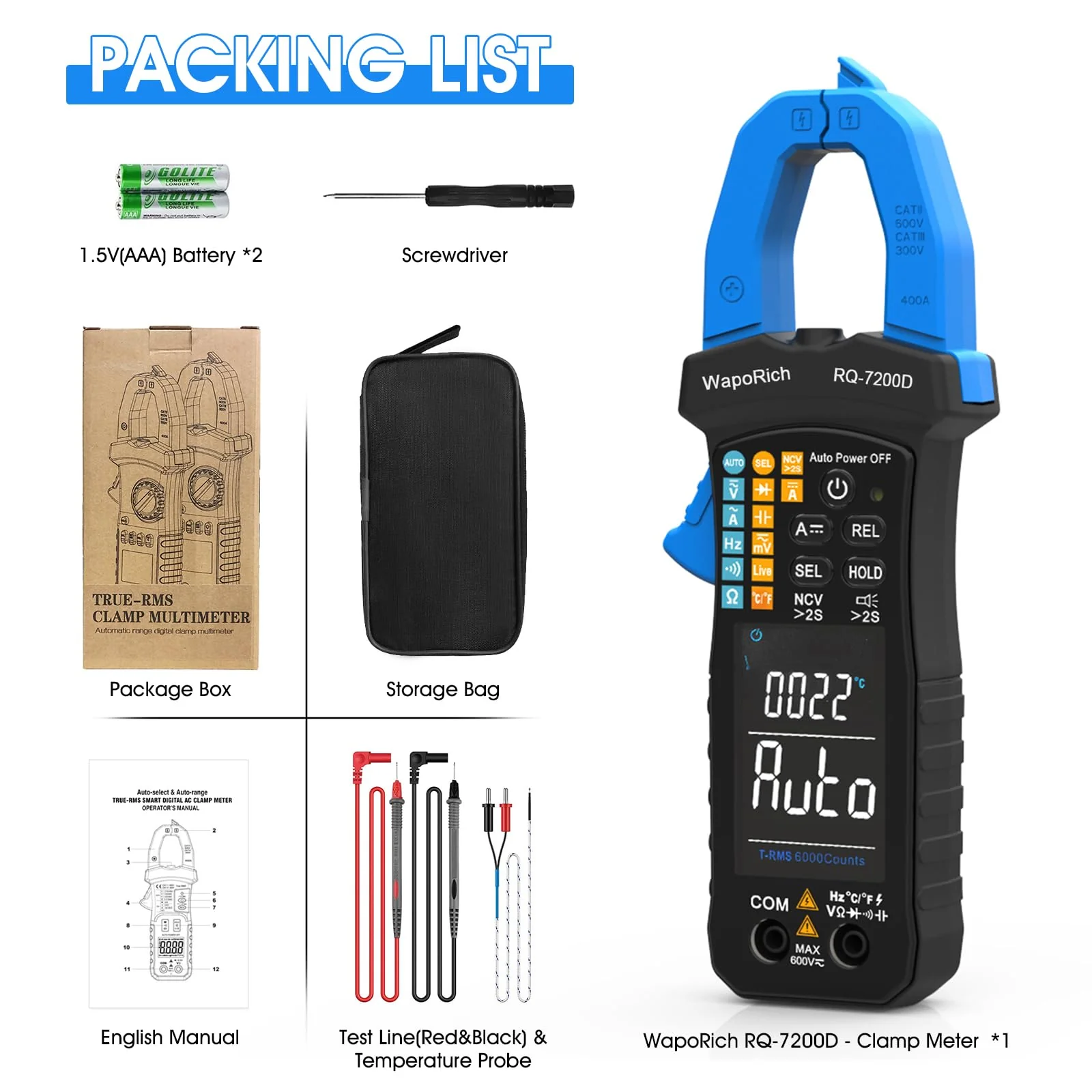 Digital Clamp Meter TRMS 6000 Counts Multimeter, WapoRich Ammeter Voltmeter Tester with Auto Range NCV Measures AC DC Voltage Current Resistance Continuity Capacitance Diodes Temp Frequency RQ-7200D - Image 7