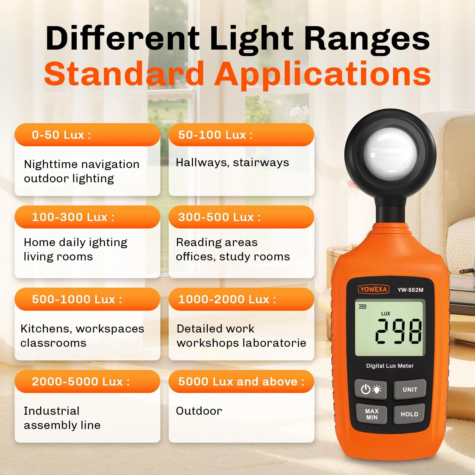 Digital Light Meter, 0-200,000 Lux (0-20,000 Foot Candles), Backlight, Max/Min, Data Hold, Lux/Fc Unit Switch, for Plants, Office, Indoor Lighting, and More - Image 6