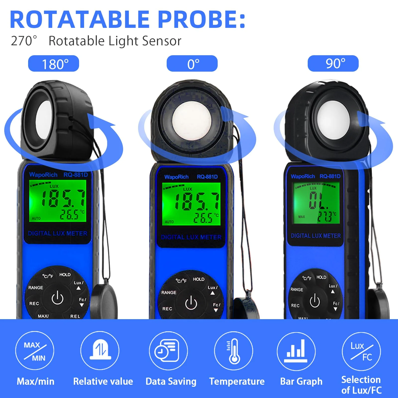 Digital Light Meter WapoRich RQ-881D Illuminance Tester w/Rotatable Sensor 1-400,000 Lux/FC for LED White Light, Plants, Photography, Home & Industrial Use - Image 3