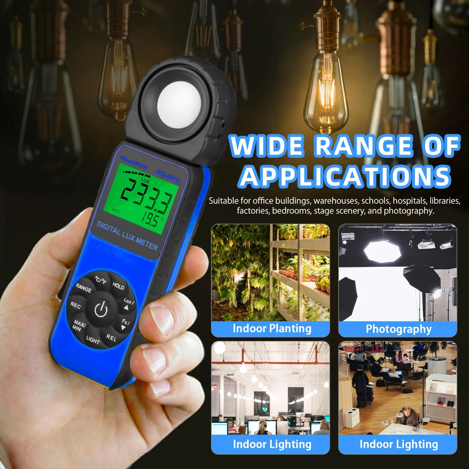 Digital Light Meter WapoRich RQ-881D Illuminance Tester w/Rotatable Sensor 1-400,000 Lux/FC for LED White Light, Plants, Photography, Home & Industrial Use - Image 7