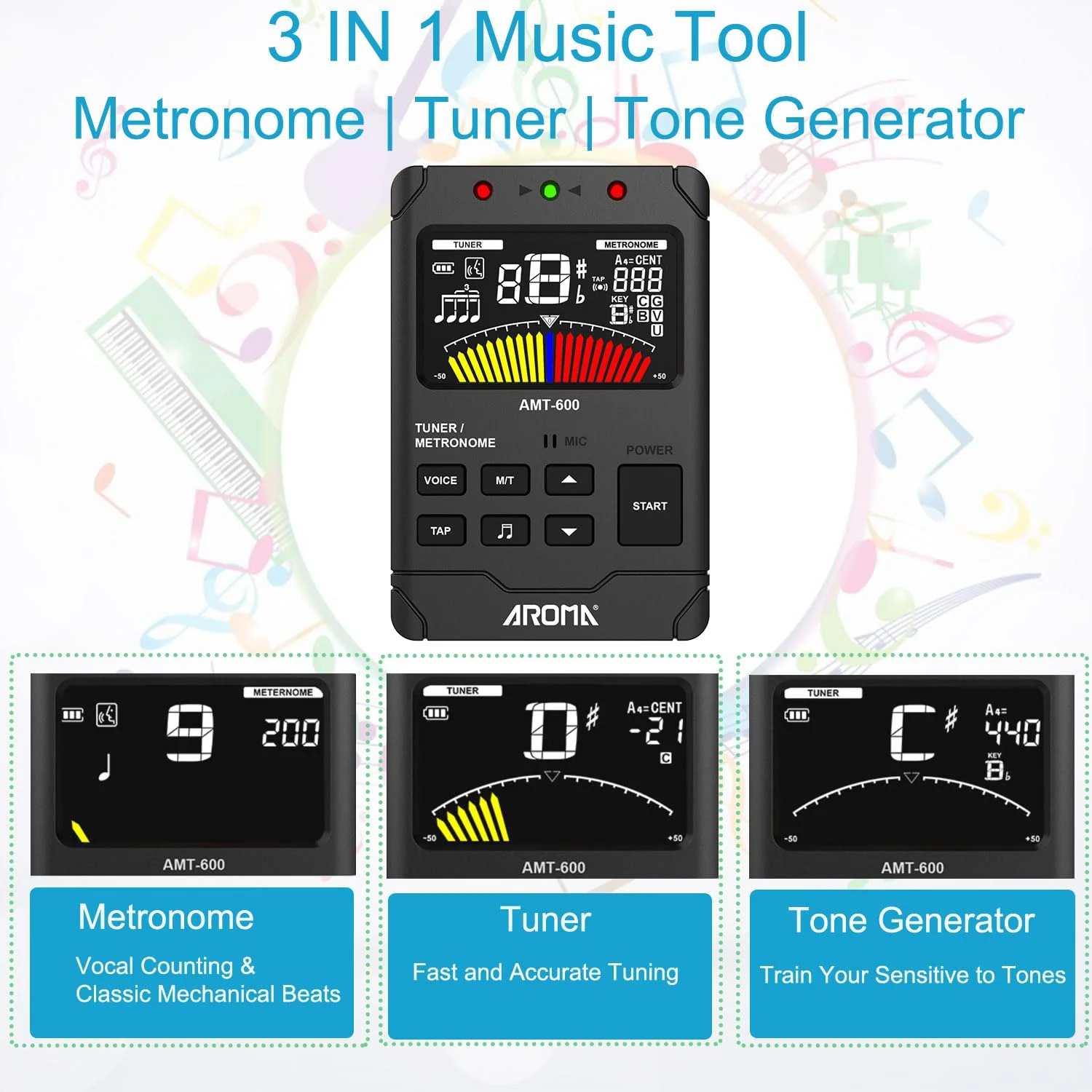 Digital Metronome Tuner Tone Generator, 3 in 1 Rechargeable Voice Counting Tap Musical Instruments Tool w/Clip-on Microphone 3in1 Chargeable - Image 2