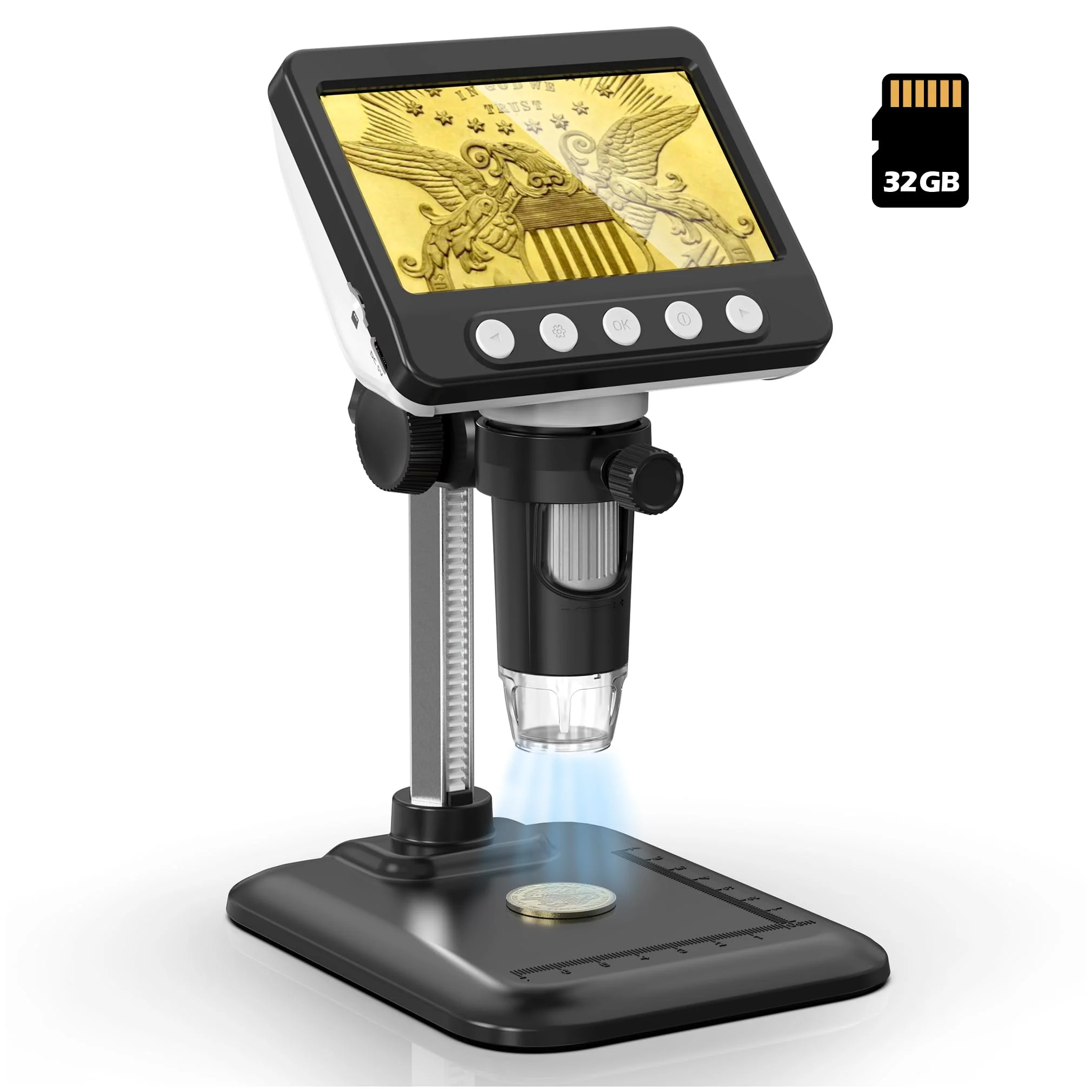 Digital Microscope, 4.3" LCD USB Coin Microscope, 1000X 1080P Error Coin Magnifier with 8 Adjustable LED Lights, PC View, Compatible with Windows for Adults Kids Black