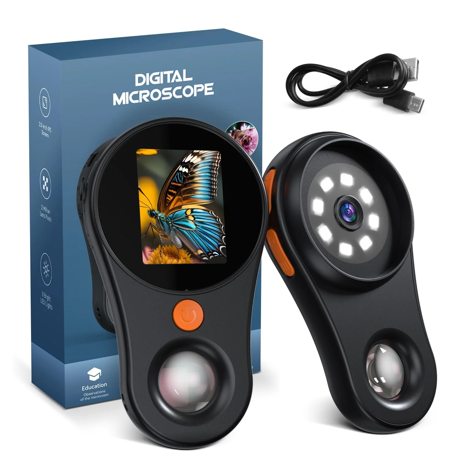 Digital Microscope Handheld 2.0 inch IPS Color Screen,Portable Digital Magnifying Glass 500x,Marco Microscope for Kids,Built-in 8LED Lights,USB Compatible with PC Windows, Mac OS