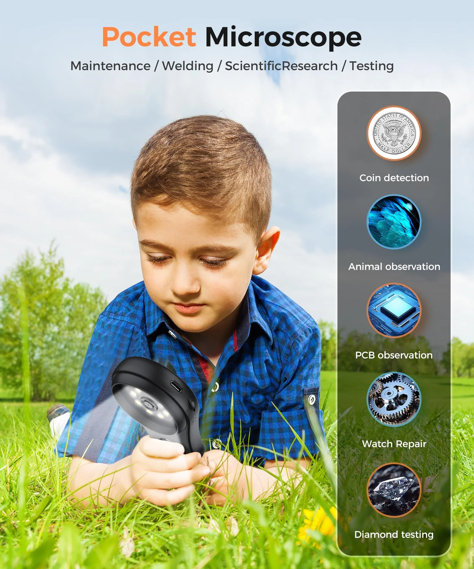 Digital Microscope Handheld 2.0 inch IPS Color Screen,Portable Digital Magnifying Glass 500x,Marco Microscope for Kids,Built-in 8LED Lights,USB Compatible with PC Windows, Mac OS - Image 7