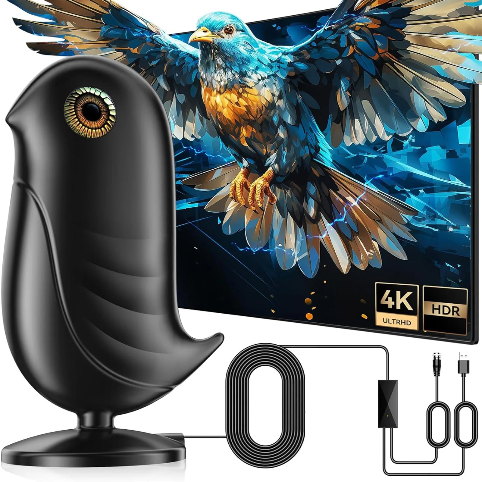 Digital TV Antenna Indoor,1200+ Miles Long Range HD Antenna for Smart TV and Older TV's,with Smart Chip Indoor for Local Channels,Supports 4K 1080P HD with Amplifier Signal Booster and 18ft Cable BLACK Compact