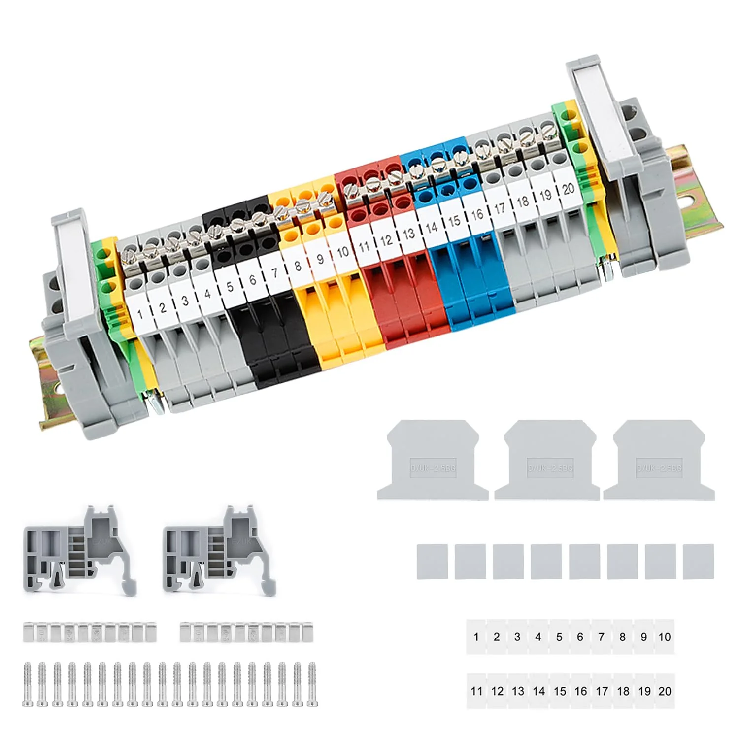 DIN Rail Set, 200 mm DIN Rail Clamps, UK-2.5B Clamp Block, DIN Rail, Terminal Block, Junction Terminal, Control Cabinet Row Terminals, DIN Rail Clamp (1) QL0129a
