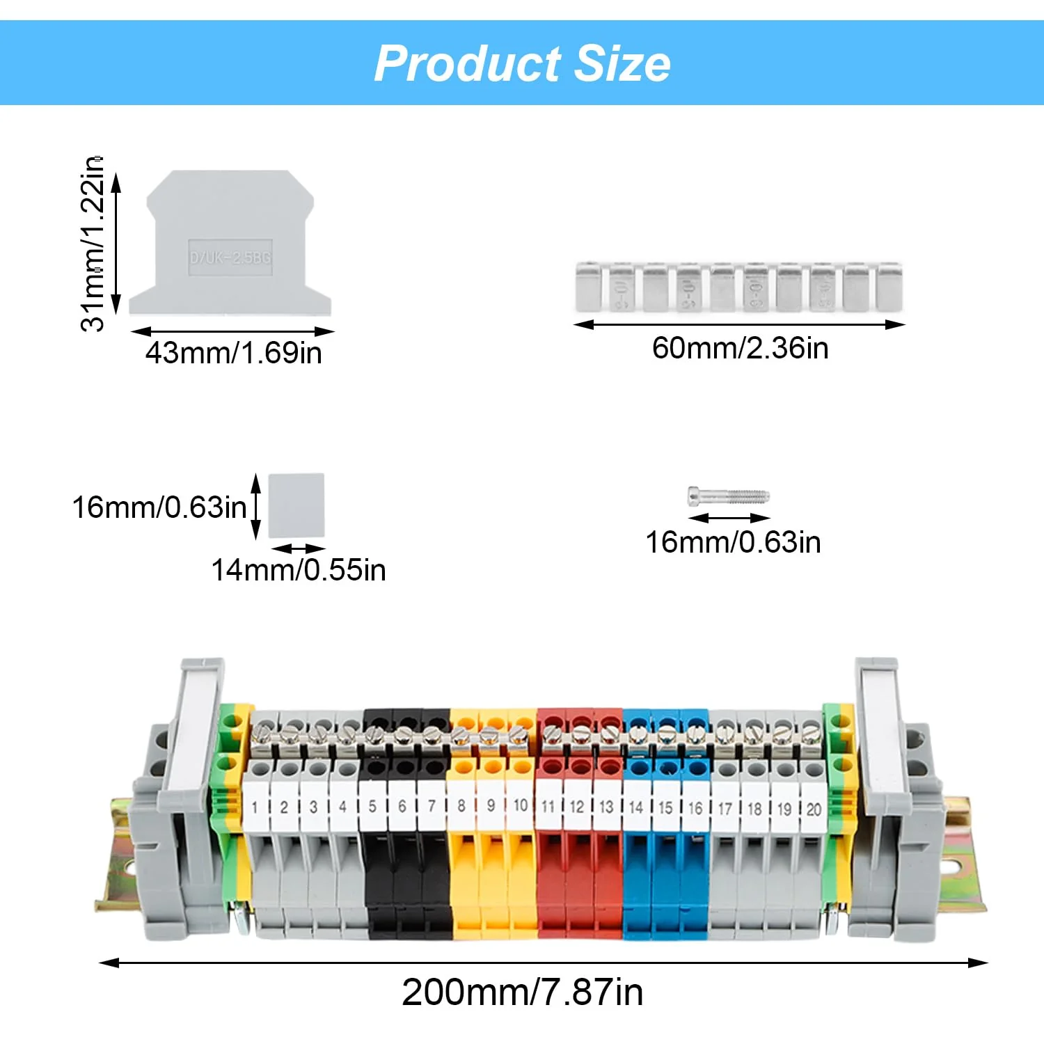 DIN Rail Set, 200 mm DIN Rail Clamps, UK-2.5B Clamp Block, DIN Rail, Terminal Block, Junction Terminal, Control Cabinet Row Terminals, DIN Rail Clamp (1) QL0129a - Image 5