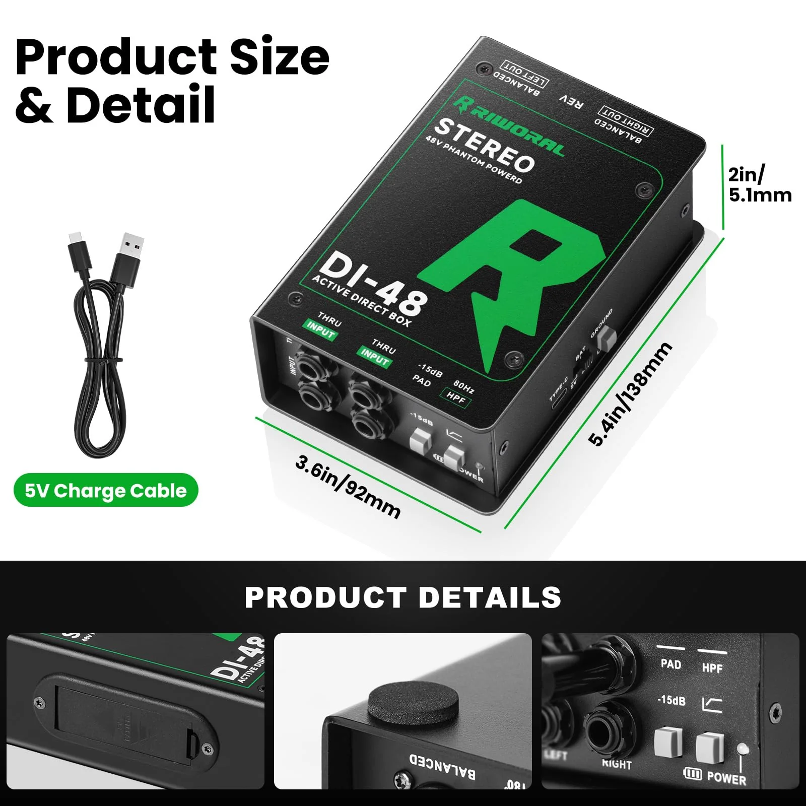 Direct Box with Dual 1/4” High-Impedance Stereo Inputs Di Boxes Support For Guitar/Bass Instruments Premium Direct Injection Active Di Box For Thru & XLR Outputs - Image 5