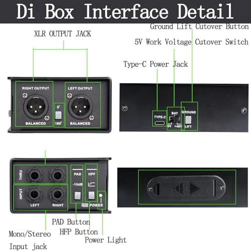 Direct Box with Dual 1/4” High-Impedance Stereo Inputs Di Boxes Support For Guitar/Bass Instruments Premium Direct Injection Active Di Box For Thru & XLR Outputs - Image 9