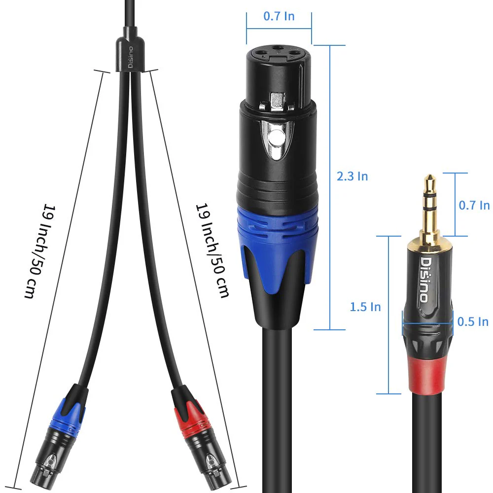 Disino Dual Female XLR to 3.5mm Y-Splitter Cable, Unbalanced XLR Female to 1/8 Inch Mini Jack TRS Stereo Aux Interconnect Audio Mic Breakout Patch Cord - 3.3 Feet/1 Meter - Image 3