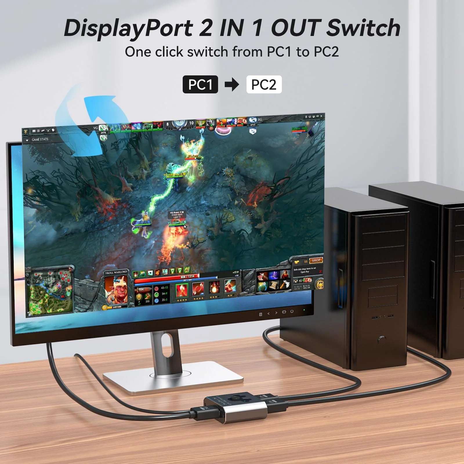 Displayport Switch 2 in 1 Out 8K60Hz 4K144Hz DP 1.4 Switcher Compatible with TVs Monitors Laptops PCs Projectors etc (Unidirectional) Unidirectional - Image 3