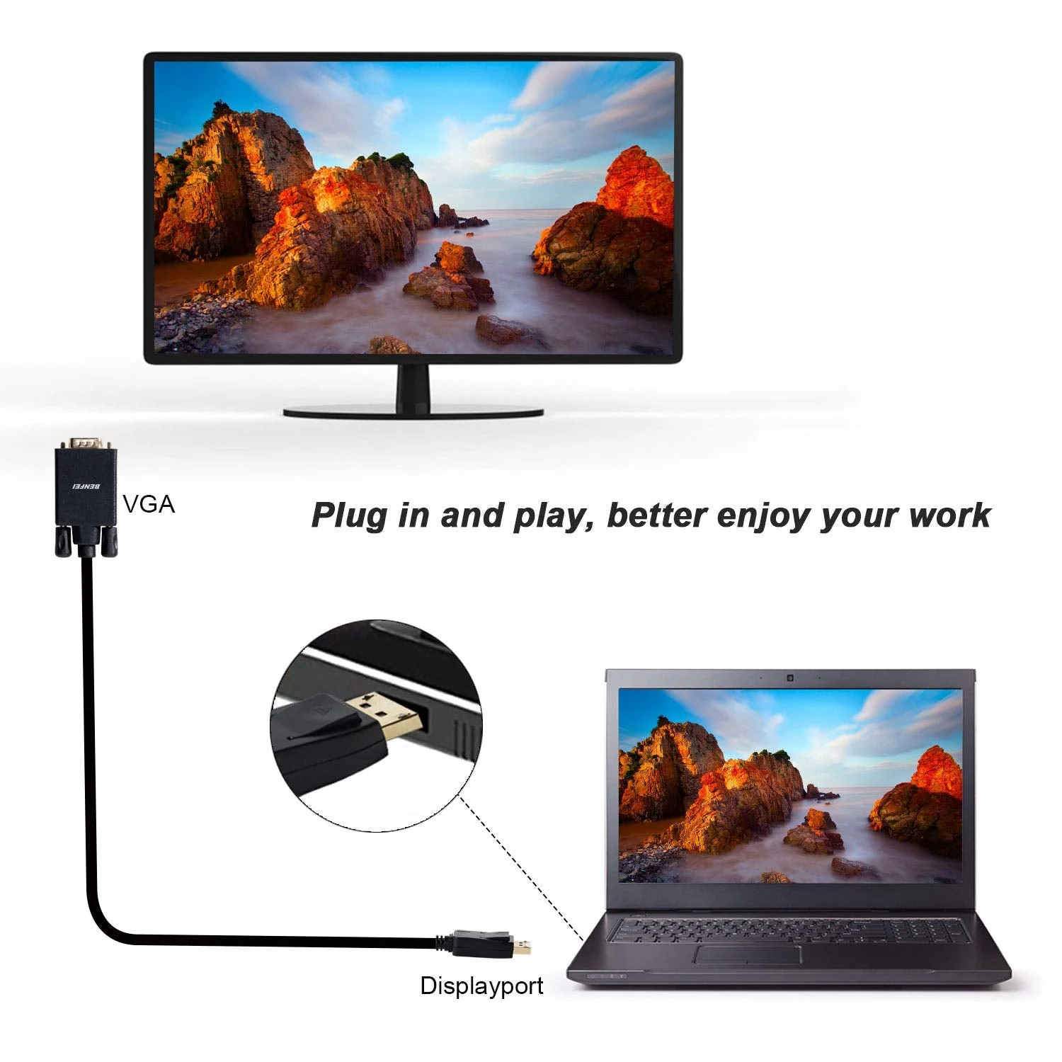 DisplayPort to VGA Adapter, Benfei DP DisplayPort to VGA 6 Feet Cable Male to Male Gold-Plated Cord Compatible for Lenovo, Dell, HP, ASUS and Other Brand 1 PACK - Image 5