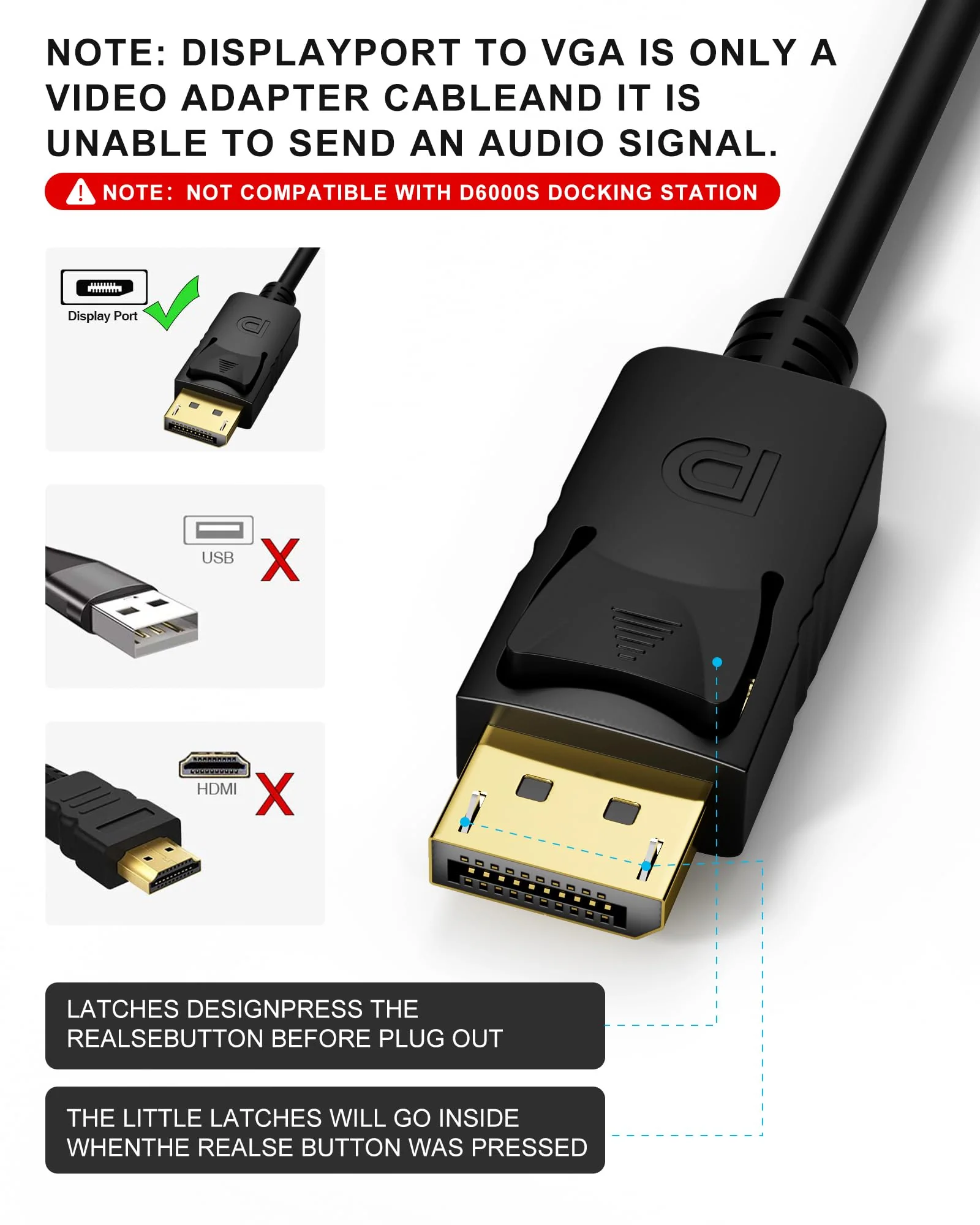 DisplayPort to VGA, DisplayPort to VGA Adapter 3 Feet Display Port to VGA Connects DP Port from Desktop or Laptop to Monitor with VGA Port (Not Bidirectional,Not Compatible with HDMI or USB) 1 pack - Image 2