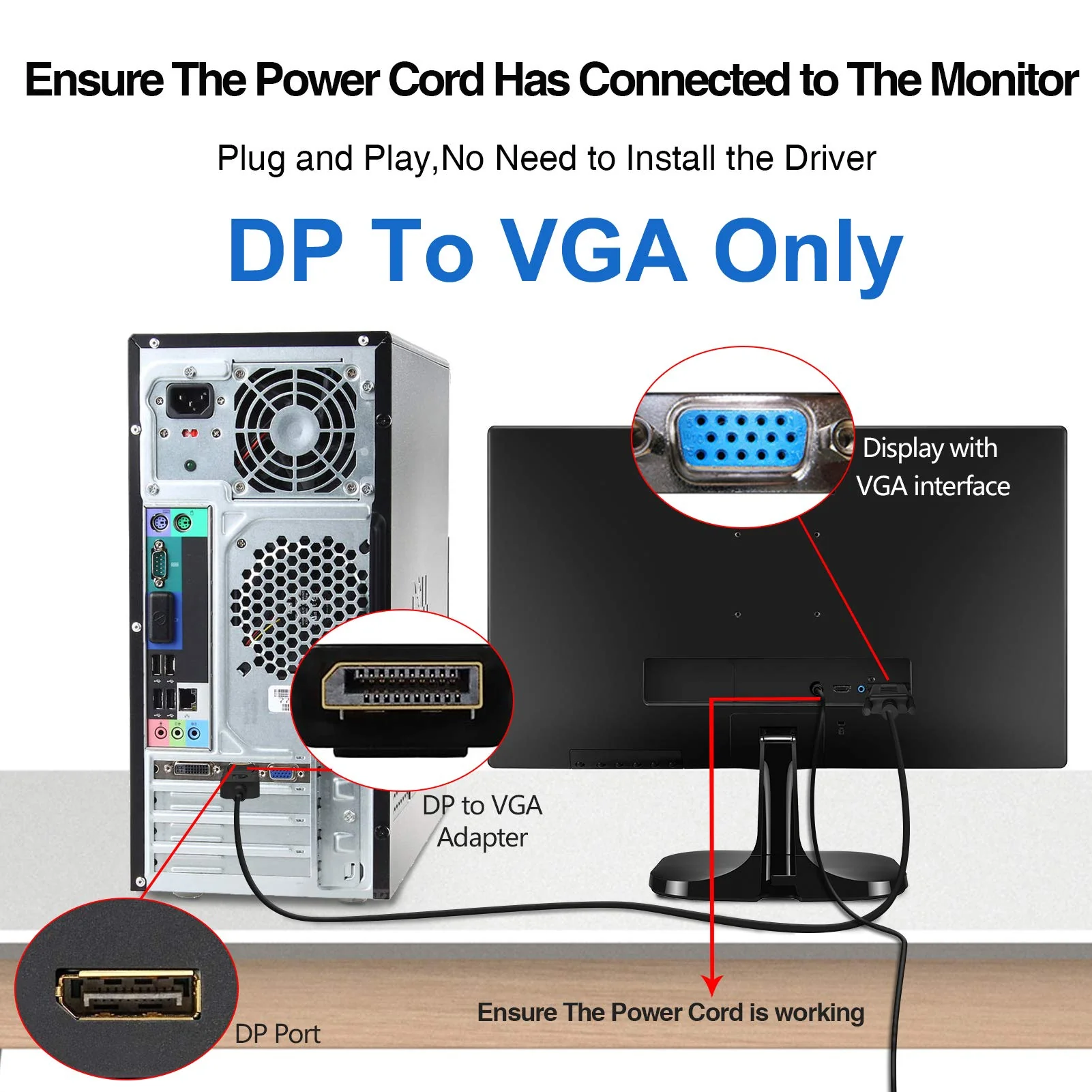DisplayPort to VGA, DisplayPort to VGA Adapter 3 Feet Display Port to VGA Connects DP Port from Desktop or Laptop to Monitor with VGA Port (Not Bidirectional,Not Compatible with HDMI or USB) 1 pack - Image 7