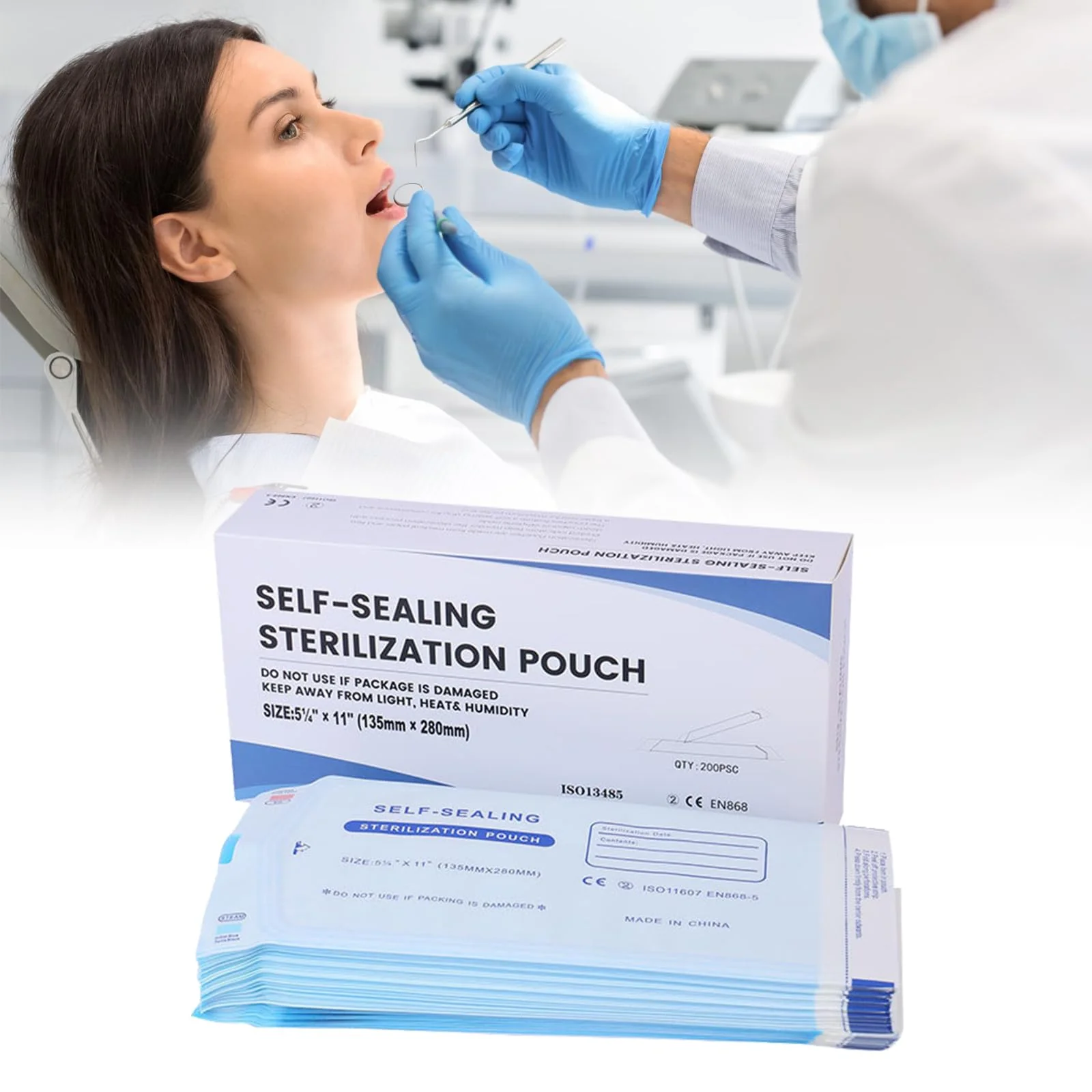 Disposable Sterilisation Bags, 200 x Sterilisation Bags (135 x 280 mm) with SK Seal Sterilising Bag, Sterilising Bag for Autoclaves, Self-Adhesive, Sterilisation Bag for Autoclaves