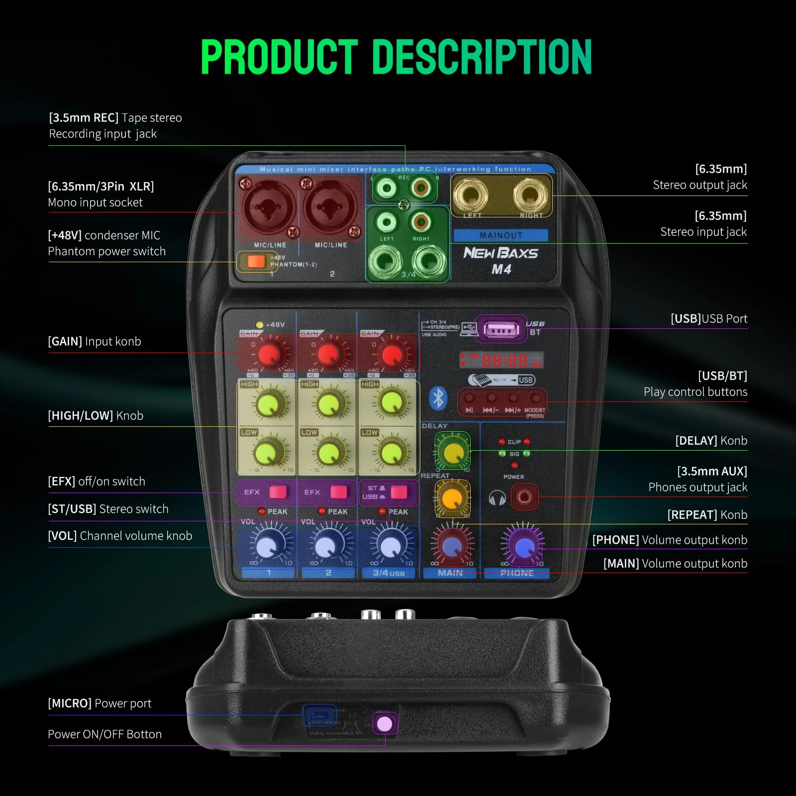 DJ Audio Mixer, DJ Mixers 4 Channel Sound Board with Bluetooth, NEW BAXS Sound Mixer Board XRL/1/4" Interface, USB/MP3 Computer Input 48V Phantom Power Stereo DJ Studio Streaming KTV Stage - Image 5