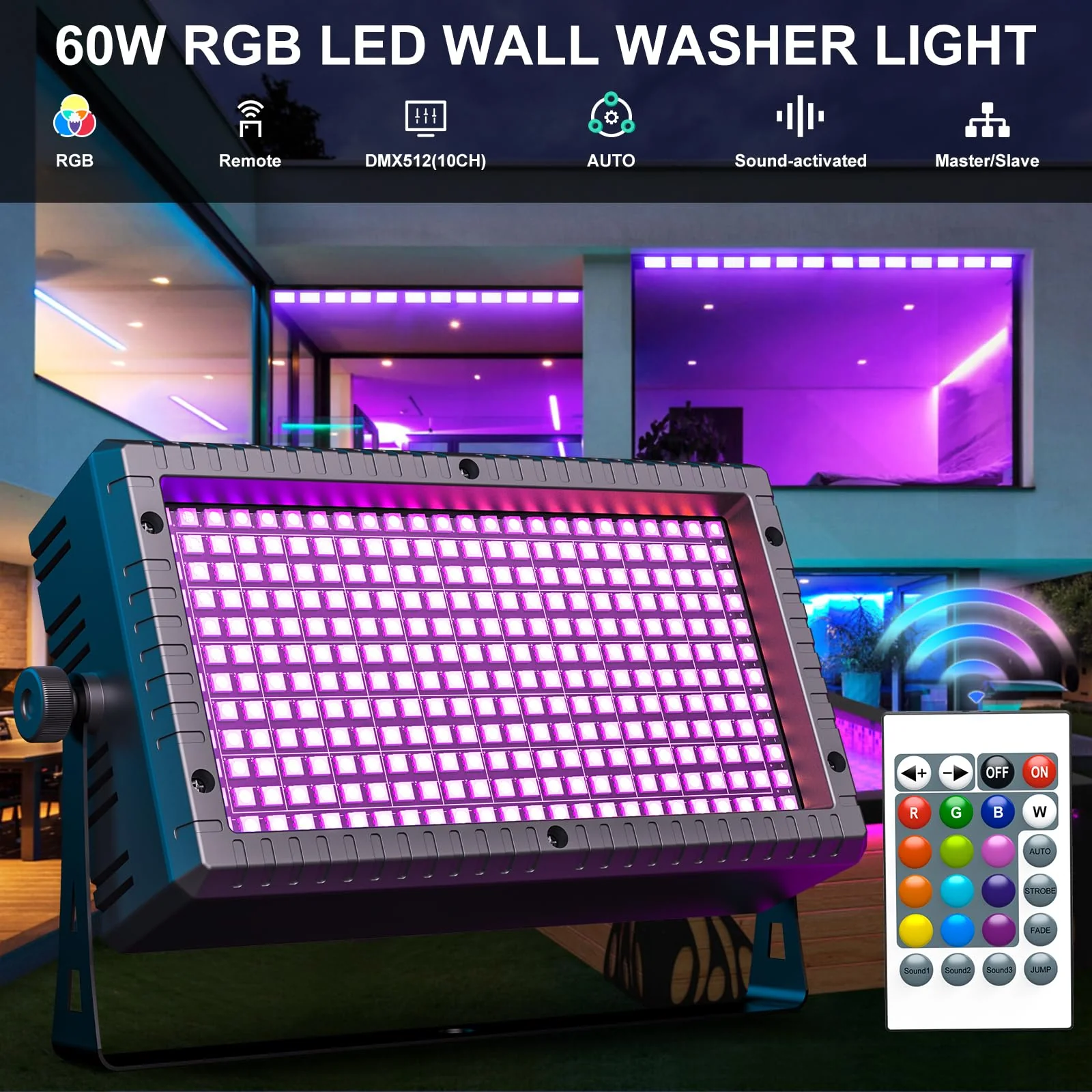 DJ Strobe Stage Light Bar, 288 RGB LED Wall Washer Light, 55 Zones Chasing Stage Party 4-in-1 DMX512, Remote Control for Halloween, Wedding, Club, Party Black 1 Pack - Image 2
