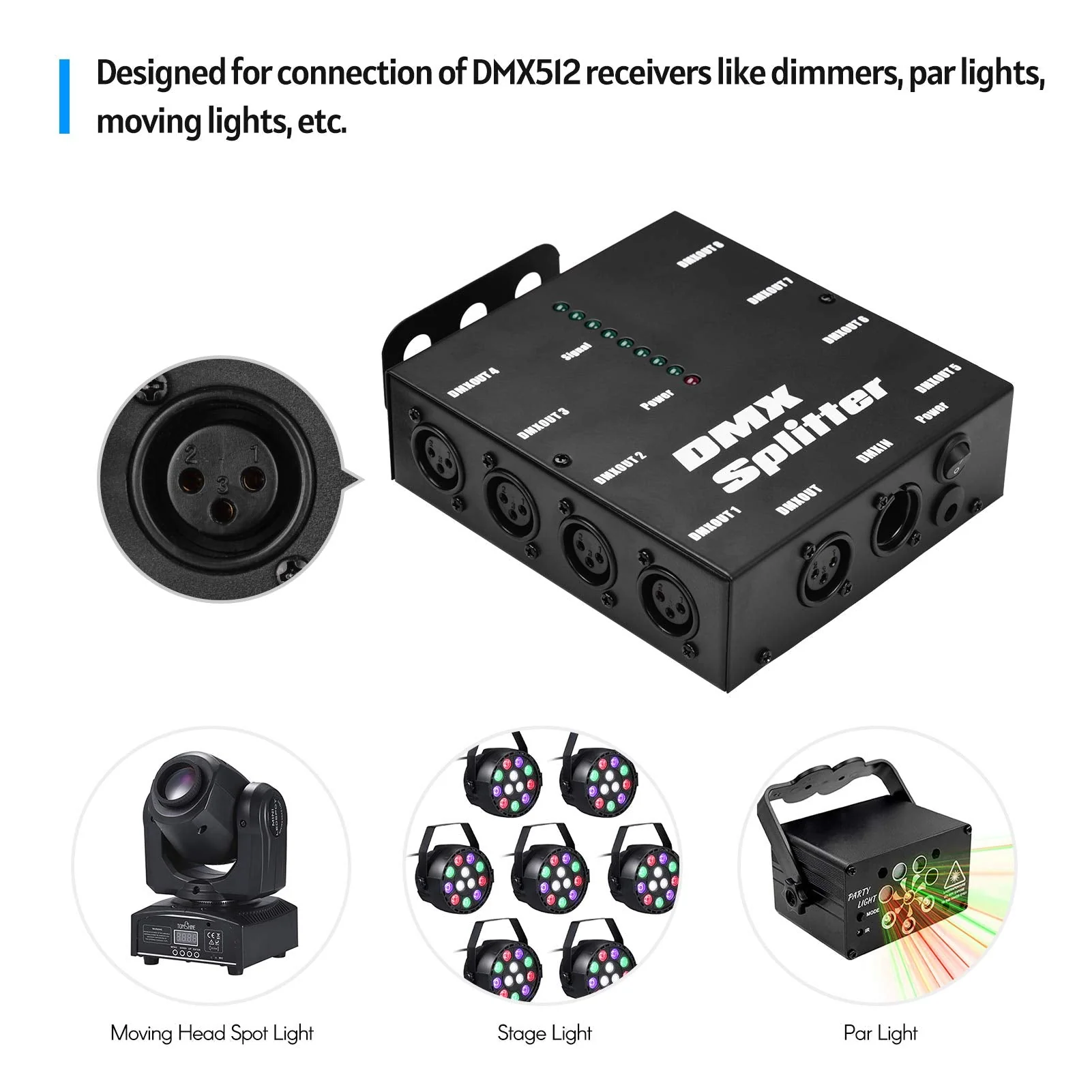 DMX512 Optical Signal Amplifier Spliter Distributor 1 Direct Input & Output 8 Independent Outputs for Light Controller Stage Console Party DJ Club Disco KTV Light with Power Adapter,Signal Split - Image 6
