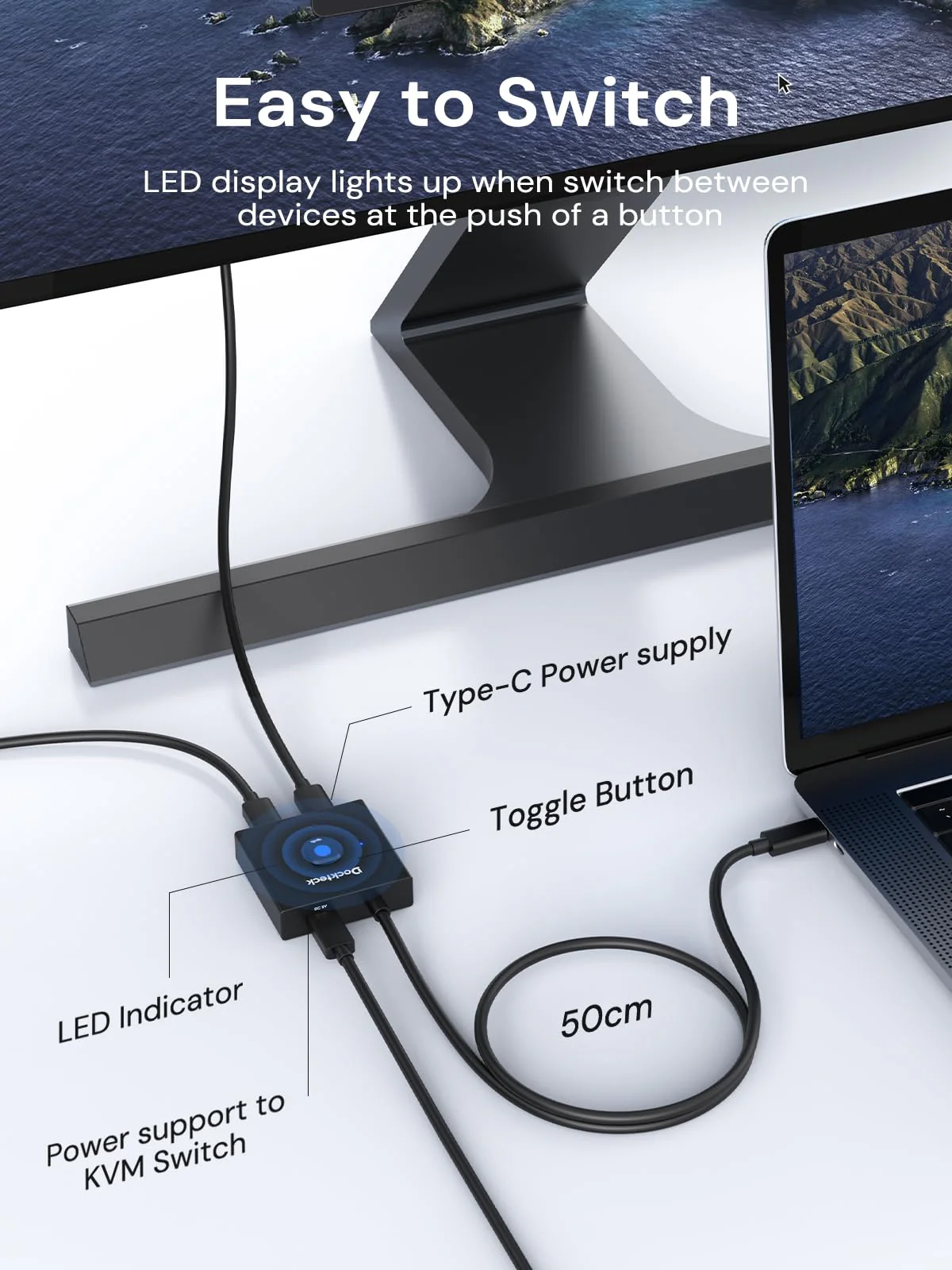 Dockteck USB C Switch, Bi-Directional Switcher，1 in 2 Out/2 in 1 Out with 10Gbps Transfer Speed and 100W PD Charging,USB Switch with 4K@60Hz,1.9FT USB-C Cable for Printer, Laptop,Scanner - Image 2