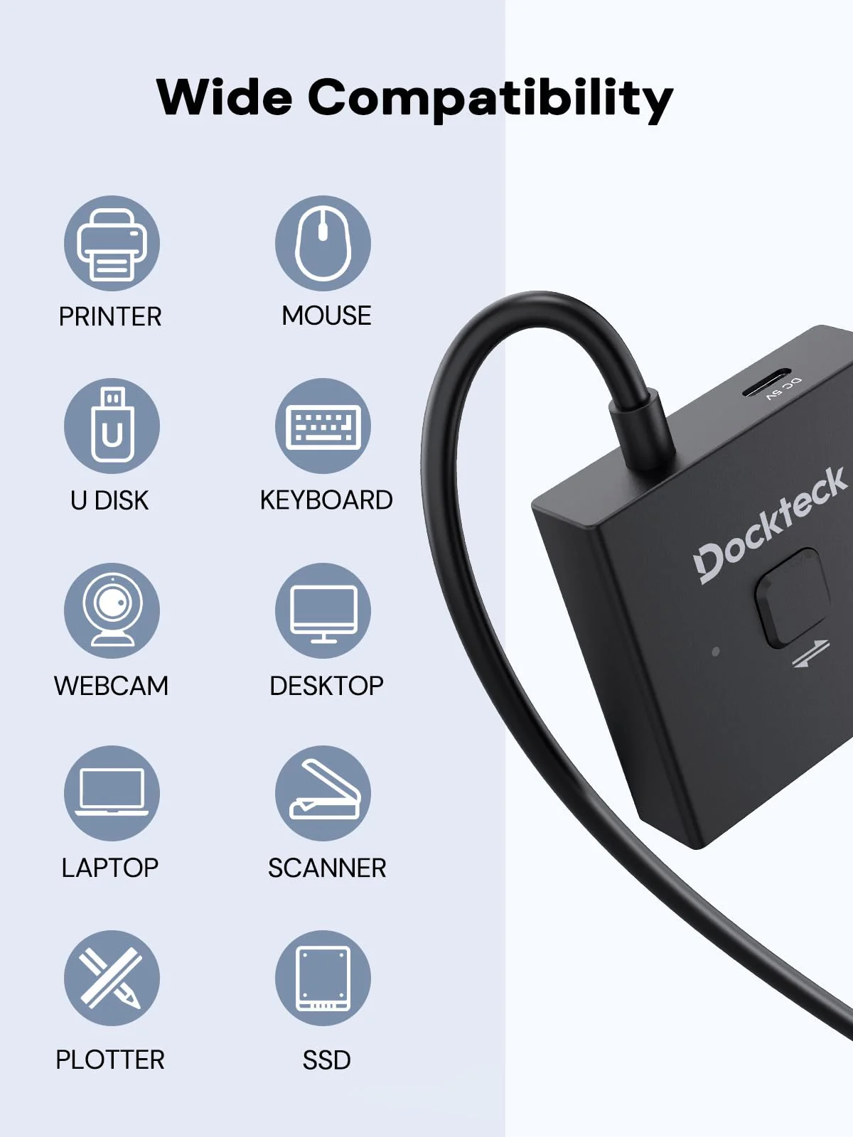 Dockteck USB C Switch, Bi-Directional Switcher，1 in 2 Out/2 in 1 Out with 10Gbps Transfer Speed and 100W PD Charging,USB Switch with 4K@60Hz,1.9FT USB-C Cable for Printer, Laptop,Scanner - Image 7
