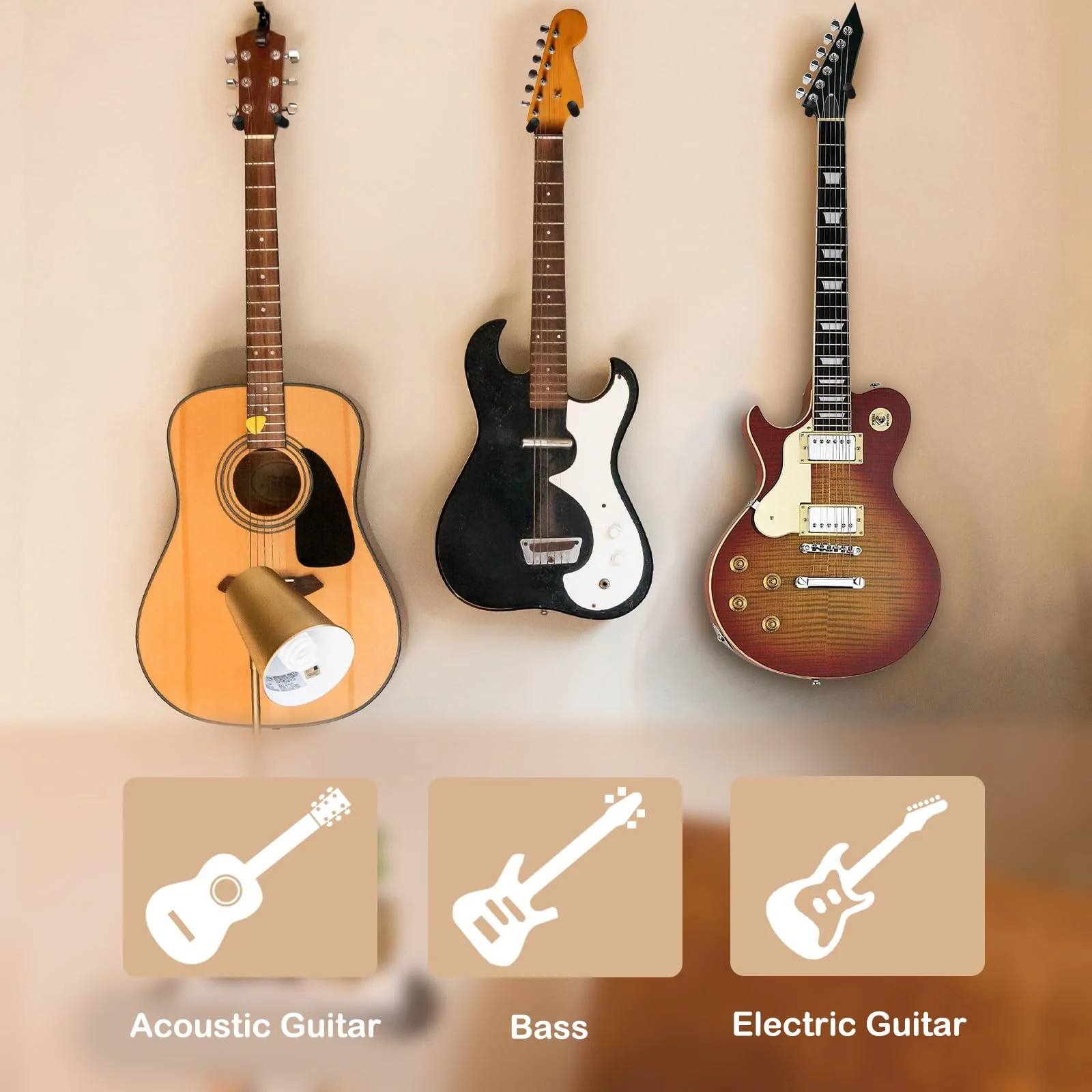 DOMMI Guitar Wall Mount 3 Pack, Wooden Guitar Hanger, Guitar Accessories Guitar Holder with Soft U-Shaped Guitar Hook, Guitar Wall Hangers for Acoustic Guitar, Electric Guitar, Bass, Black Walnut - Image 4