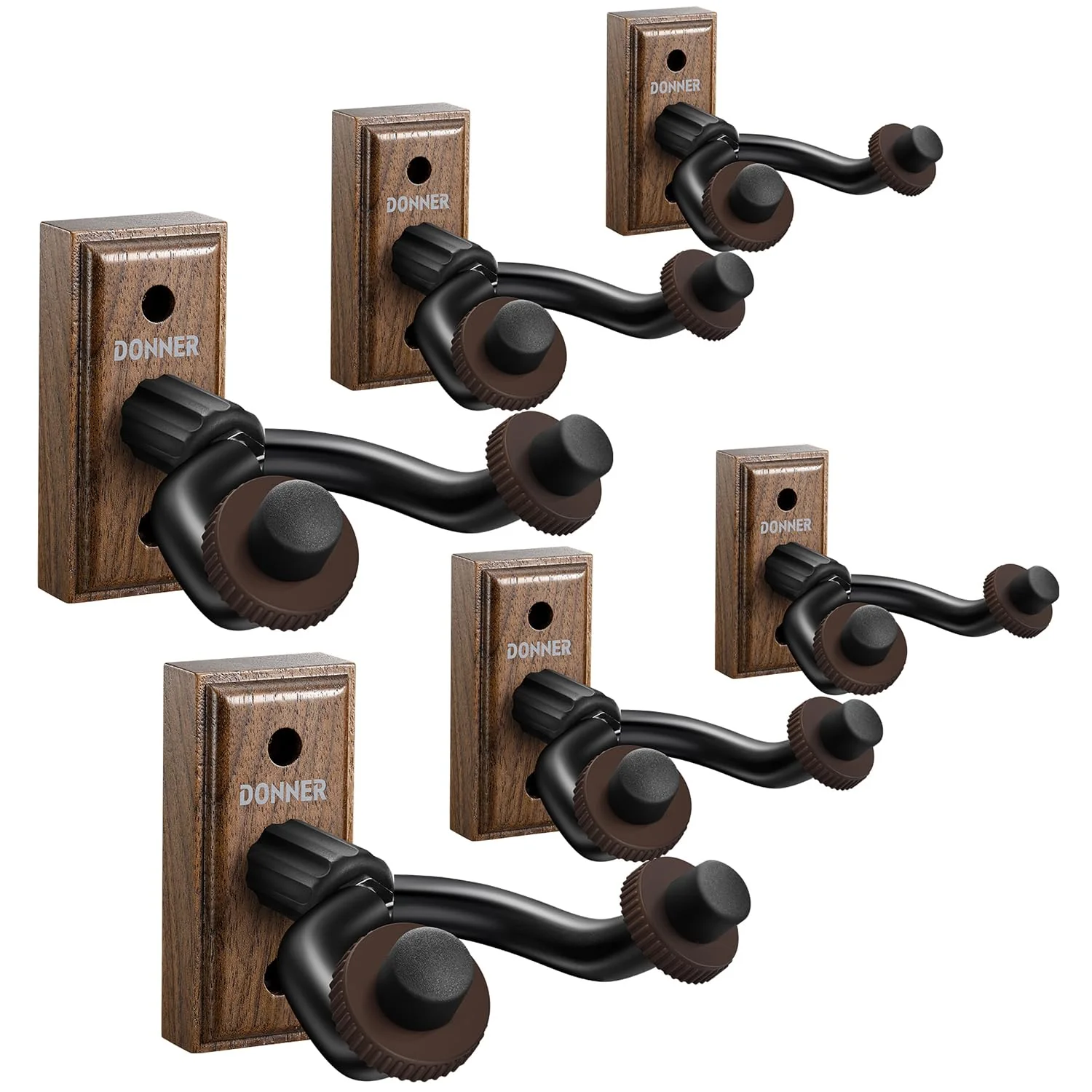 Donner Guitar Wall Mount Hanger 6-Pack, Black Walnut Guitar Wall Holder for Acoustic Electric Guitars, Bass, Folk Ukulele, Violin, Mandolin Banjo and String Instruments 6-pk