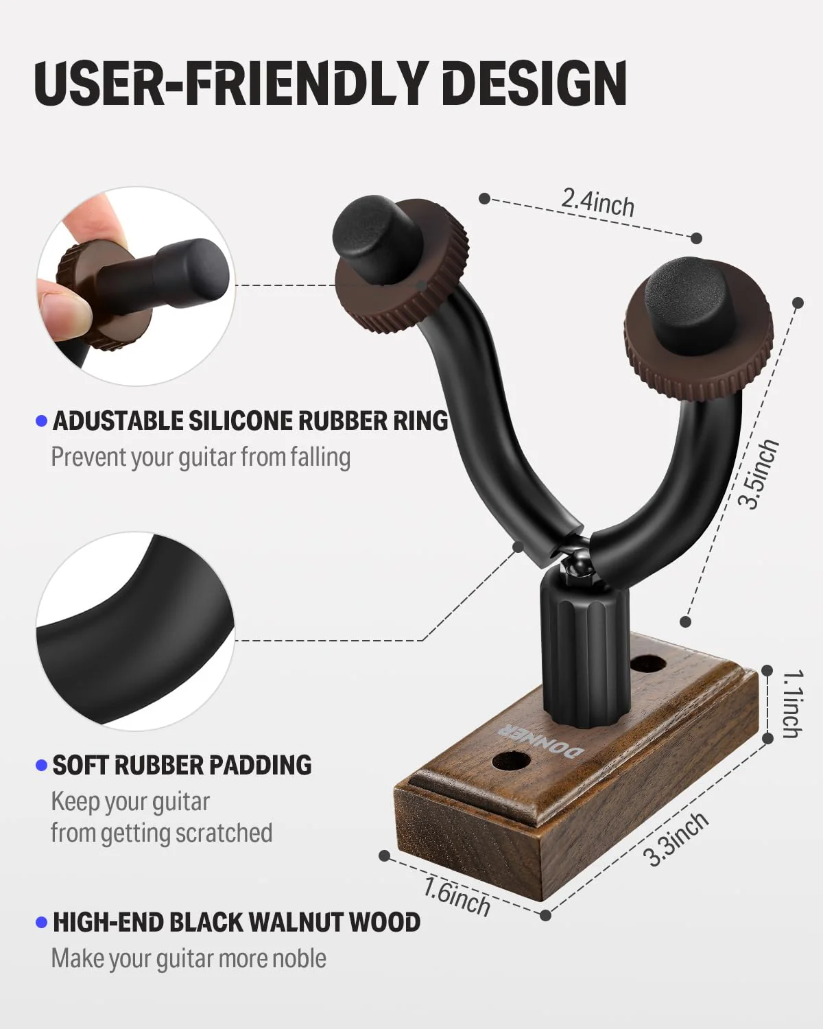 Donner Guitar Wall Mount Hanger 6-Pack, Black Walnut Guitar Wall Holder for Acoustic Electric Guitars, Bass, Folk Ukulele, Violin, Mandolin Banjo and String Instruments 6-pk - Image 2