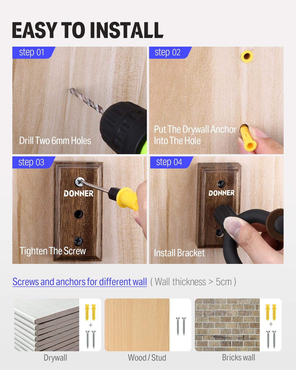 Donner Guitar Wall Mount Hanger 6-Pack, Black Walnut Guitar Wall Holder for Acoustic Electric Guitars, Bass, Folk Ukulele, Violin, Mandolin Banjo and String Instruments 6-pk - Image 4