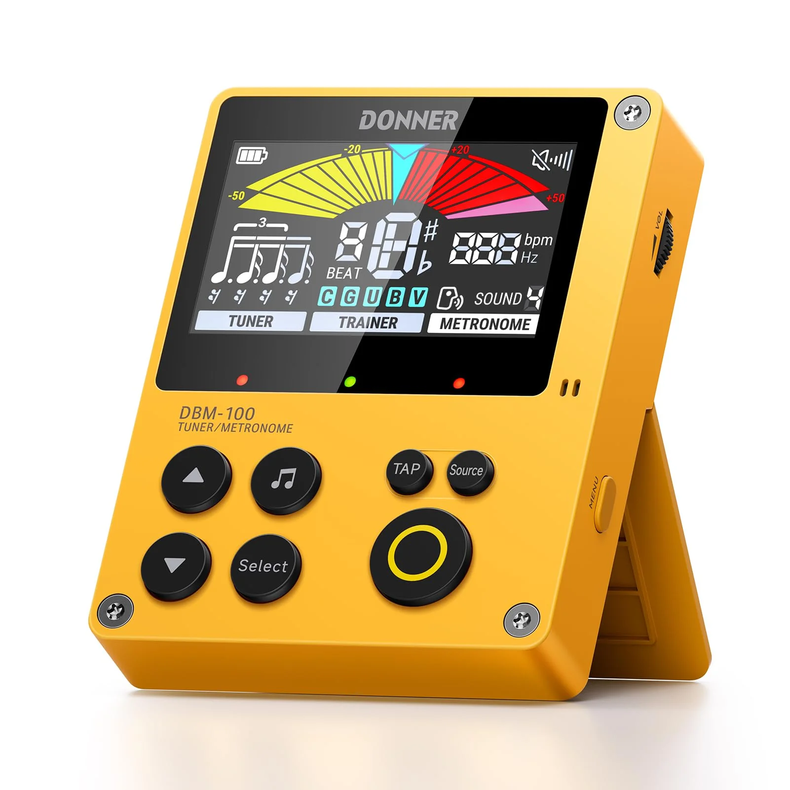 Donner Metronome Tuner, Rechargeable 3 In 1 Digital Metronome with Trainer Rhythm Mode, Tone Generator Tuners for Guitar, Bass, Violin, Ukulele, Chromatic, Piano, Flute, All Instruments, Yellow