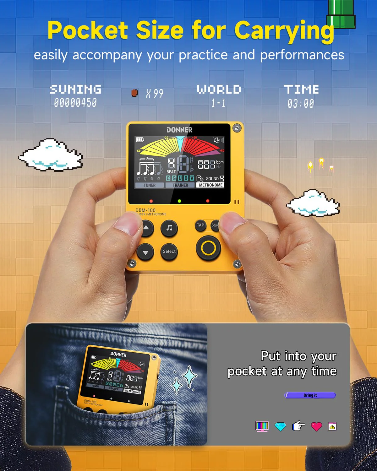 Donner Metronome Tuner, Rechargeable 3 In 1 Digital Metronome with Trainer Rhythm Mode, Tone Generator Tuners for Guitar, Bass, Violin, Ukulele, Chromatic, Piano, Flute, All Instruments, Yellow - Image 7