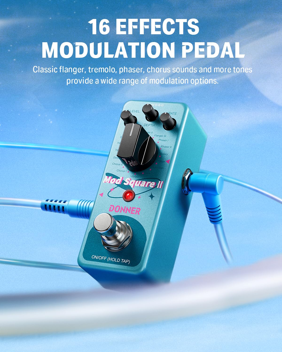 Donner Modulation Pedal - Mod Square Ⅱ for Electric Guitar Pedal Boards, 16 Effects Chorus Phaser Tremolo Flanger Rotary Vibrato Wah Lo-fi Detune 16 Modulation Modes, True Bypass Green Mod - Image 2