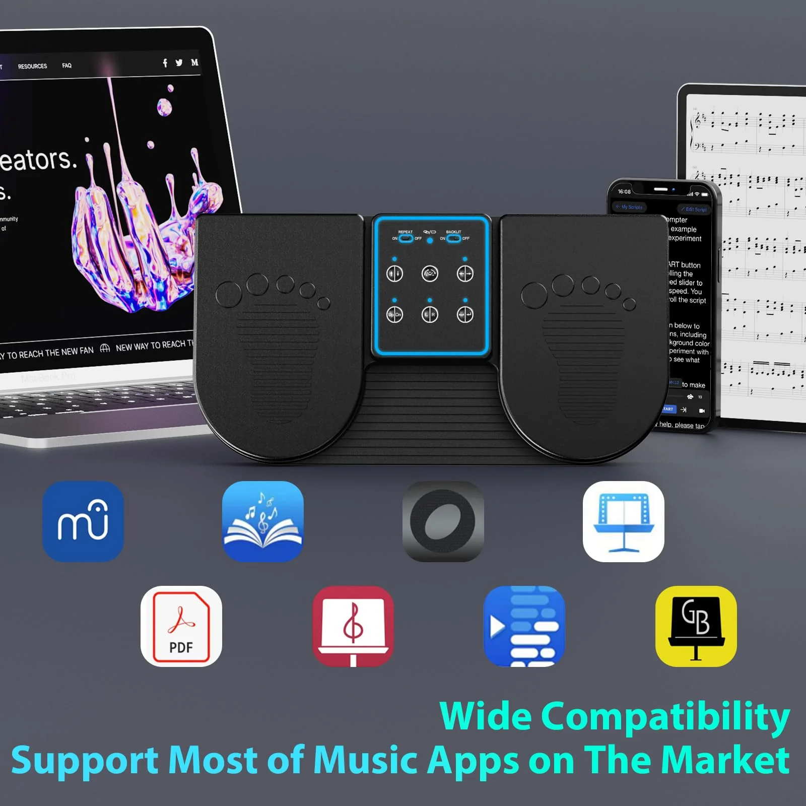 Doohoeek Backlit Page Turner Pedal Wireless for iPads Tablets Phones, Rechargeable Universal Foot Pedal with 7-Color Backlit & Sensitive Pedals for Playing Instruments or Prompting - Image 6
