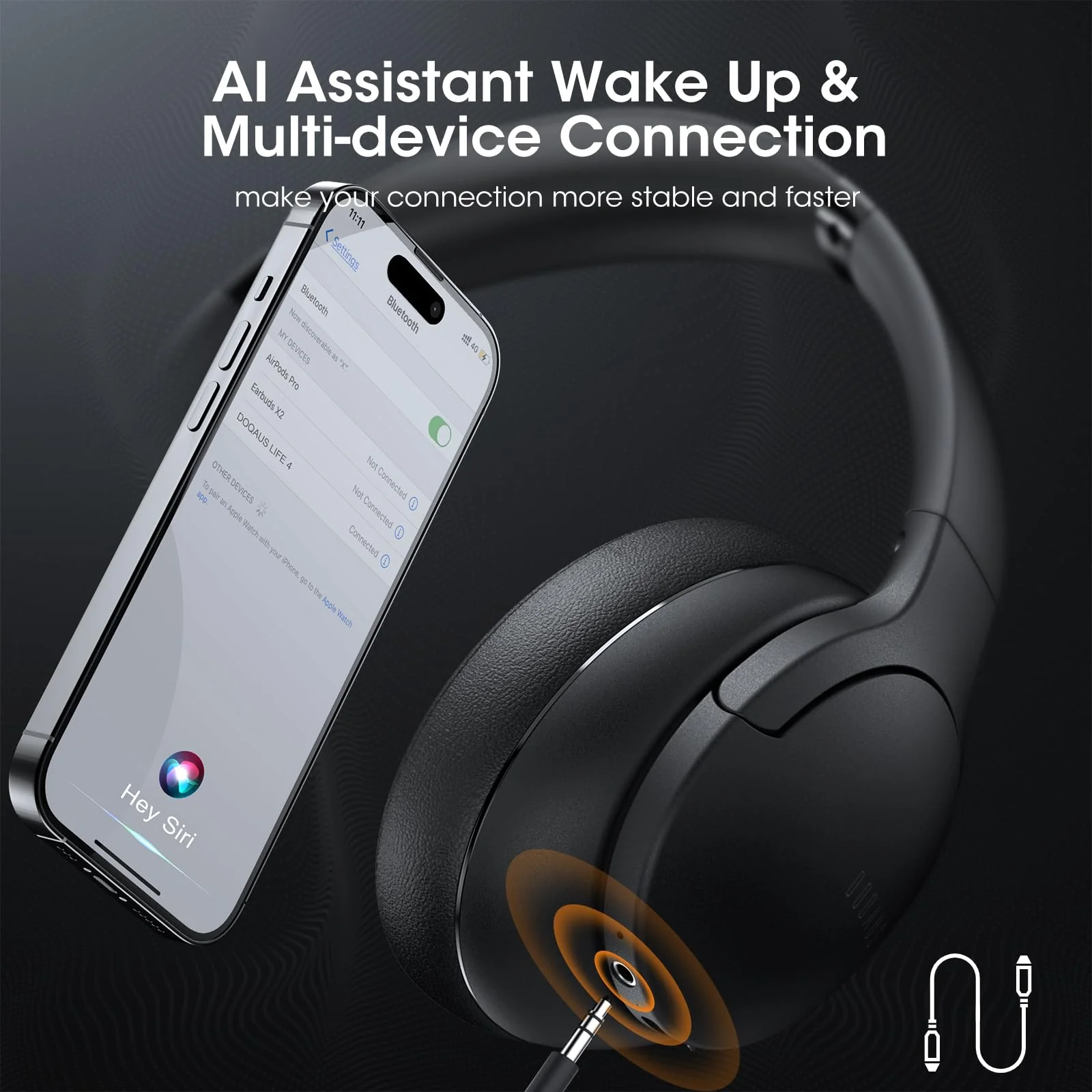 DOQAUS 𝐔𝐩𝐠𝐫𝐚𝐝𝐞𝐝 Bluetooth Headphones Over Ear, 90H Playtime Bluetooth 5.3 Wireless Headphones 3 EQ Modes, Built-in HD Mic, HiFi Stereo Sound,Deep Bass,Memory Foam Ear Cups for Phone/PC Black - Image 4