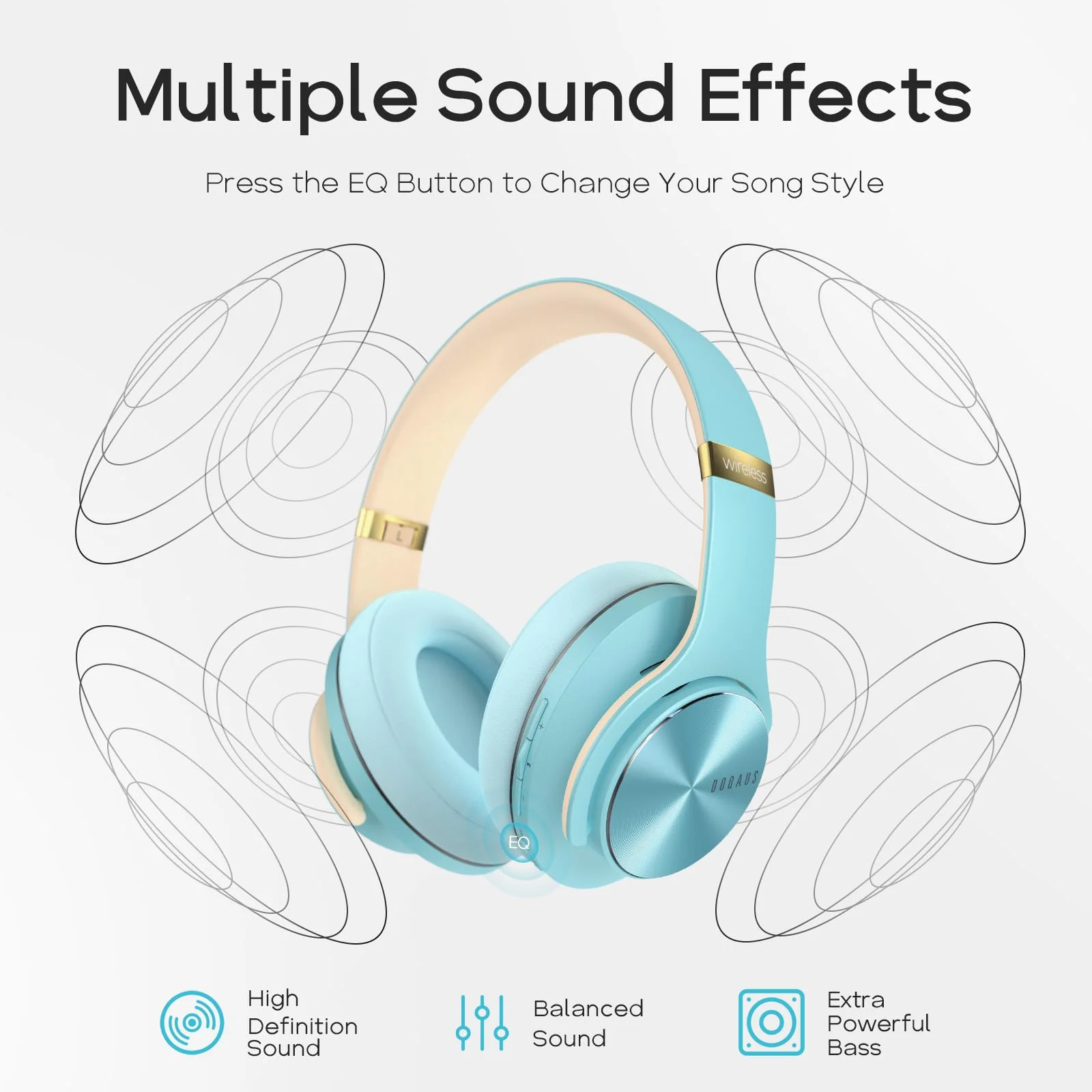 DOQAUS Bluetooth Headphones Over Ear, 90 Hours Playtime Wireless Headphones with 3 EQ Modes,HiFi Stereo Headphones with Microphone and Soft Protein Earpads for iPhone/TV/PC/Home Office (Blue) Blue - Image 5