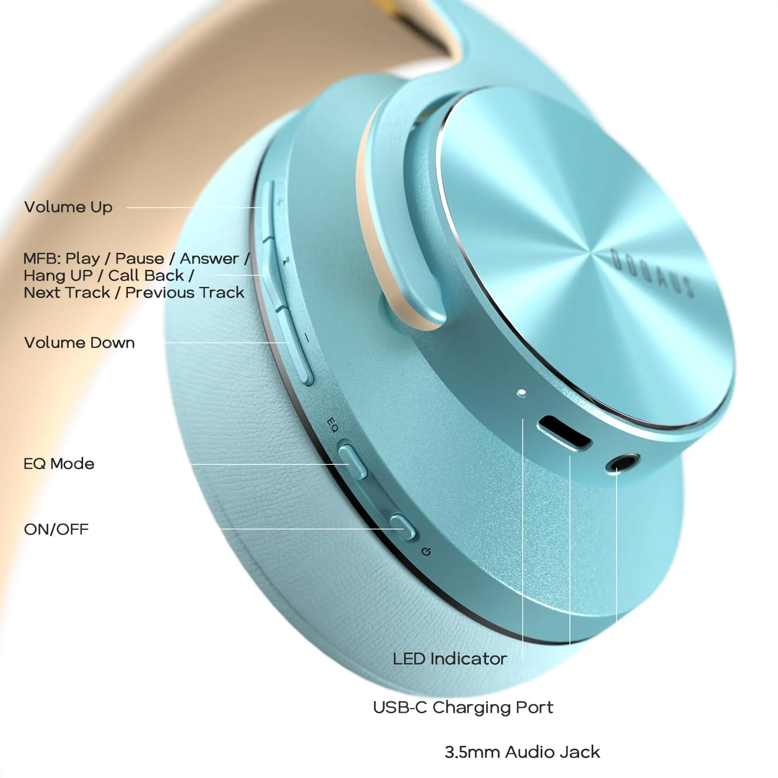DOQAUS Bluetooth Headphones Over Ear, 90 Hours Playtime Wireless Headphones with 3 EQ Modes,HiFi Stereo Headphones with Microphone and Soft Protein Earpads for iPhone/TV/PC/Home Office (Blue) Blue - Image 7