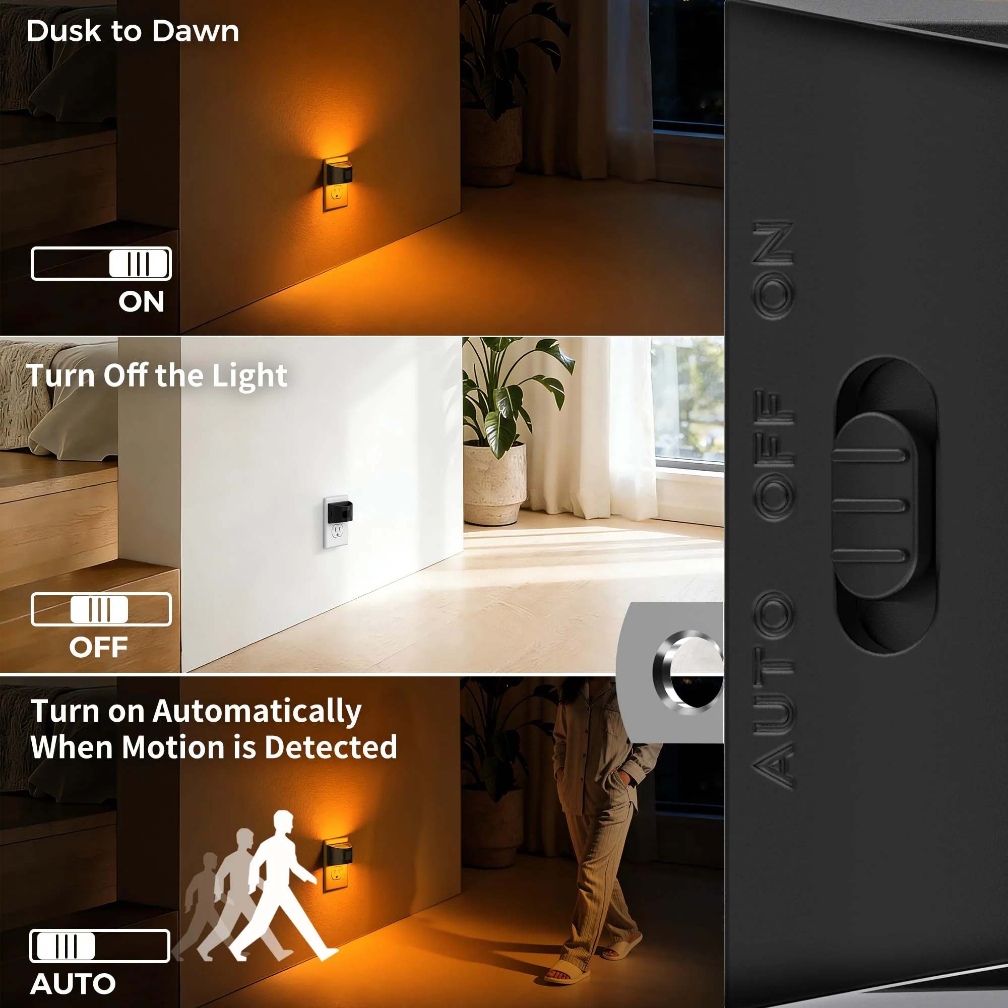 DORESshop LED Night Light[4 Pack], Night Lights Plug into Wall, 3 Mode Plug in Night Light with Motion Sensor, Dusk to Dawn Sensor, Nightlights for Adults, Bedroom, Bathroom, Hallway, Amber Black 4 - Image 3