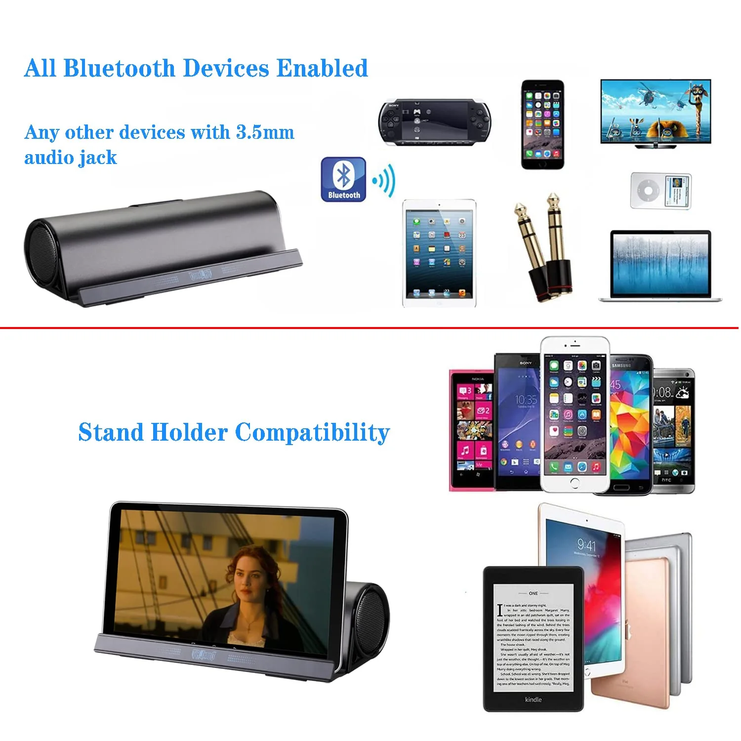 DORNLAT Wireless Bluetooth Speakers, Portable Phone Tablet Stand Holder Speaker, Dual Drivers Stereo Dock Speaker for iPad, Phone, Outdoor, Travel, Home Party (Black) - Image 3