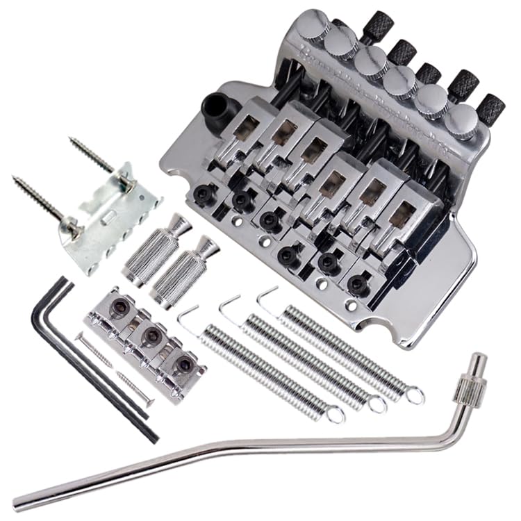 Double Locking Tremolo Bridge System for 6-String Electric Guitar For Floyd Rose Type, Gold/Chrome Upgrade Kit with Vibrato Arm And Neck Lock (Compatible with Strat Style Guitars) (Silver) Silver