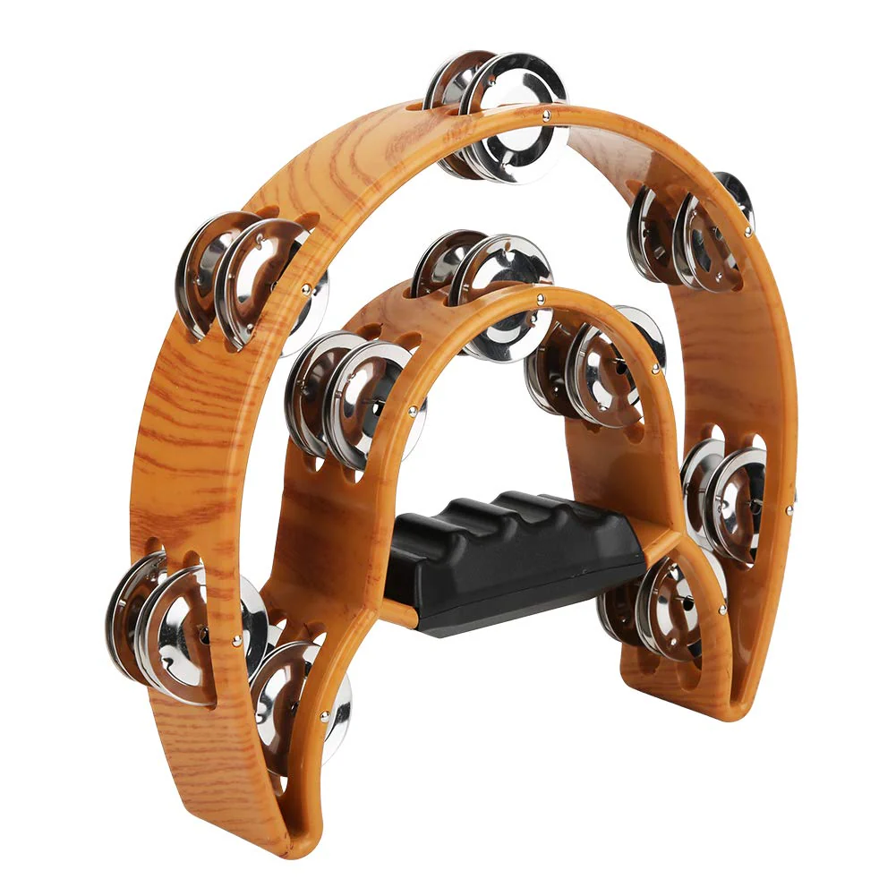 Double Row Jingles, Half Moon Musical Tambourine Double Row Handbell Tambourine Metal Jingles with Ergonomic Grip Percussion Instrument for KTV Party Church, Imitation Wood Color