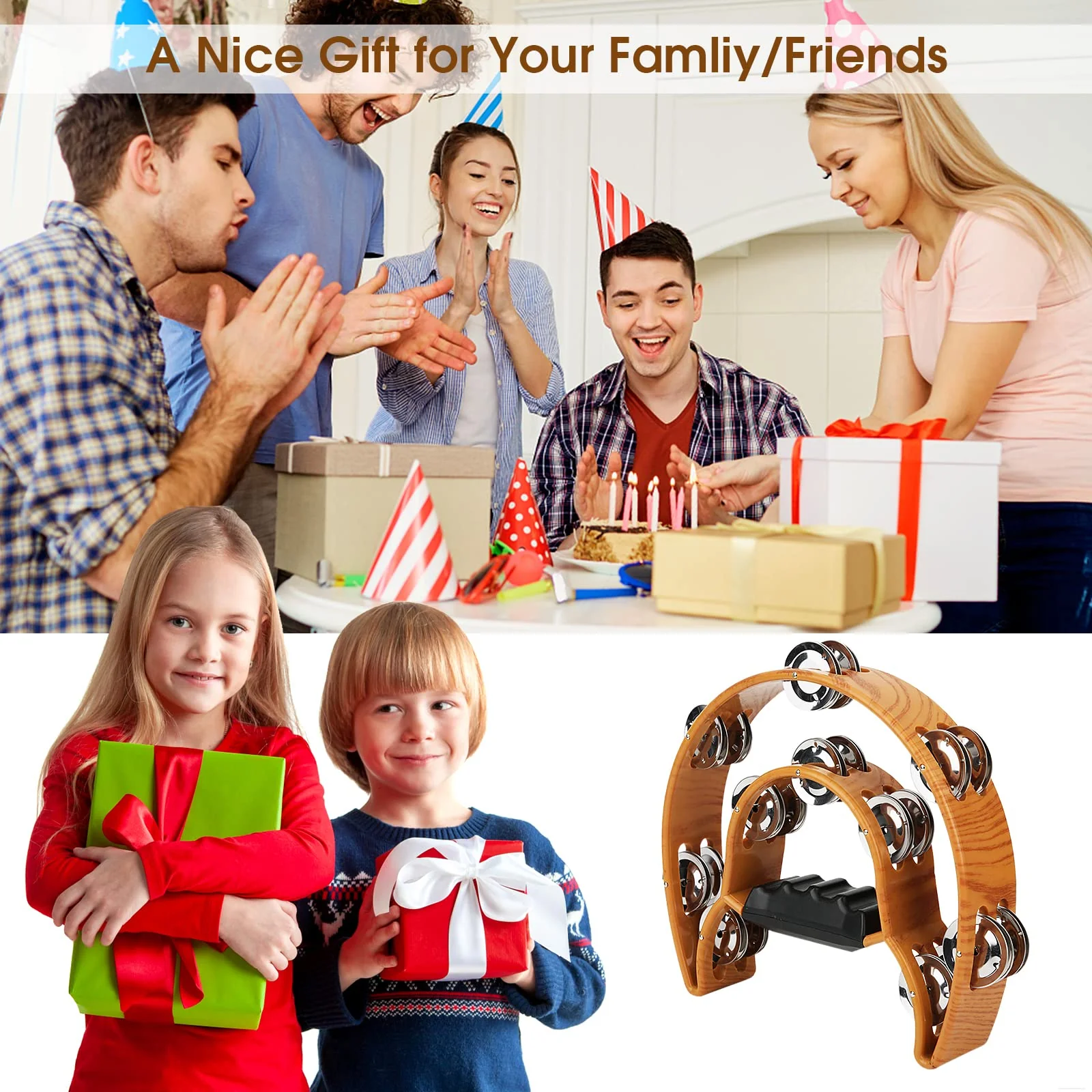 Double Row Jingles, Half Moon Musical Tambourine Double Row Handbell Tambourine Metal Jingles with Ergonomic Grip Percussion Instrument for KTV Party Church, Imitation Wood Color - Image 5