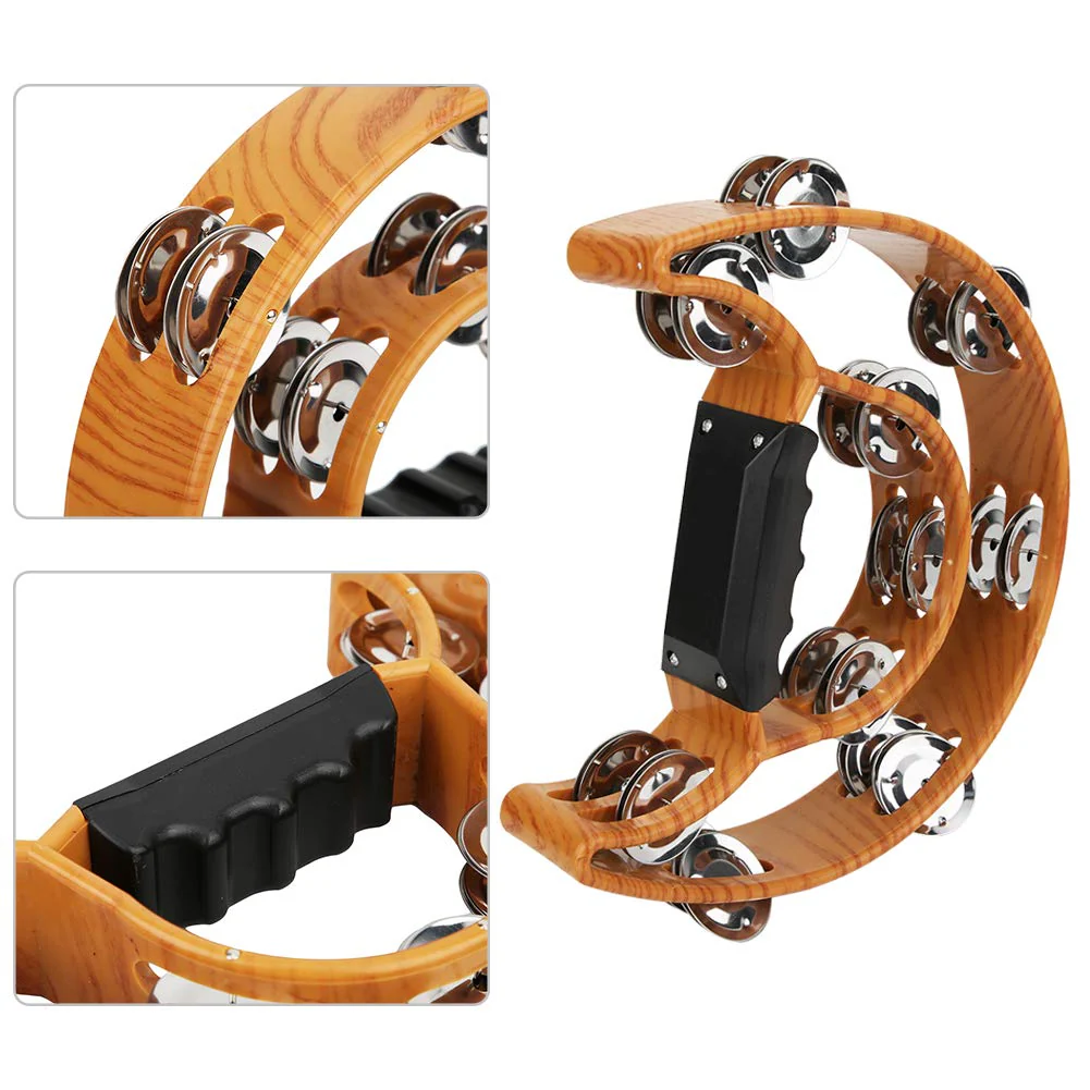 Double Row Jingles, Half Moon Musical Tambourine Double Row Handbell Tambourine Metal Jingles with Ergonomic Grip Percussion Instrument for KTV Party Church, Imitation Wood Color - Image 8