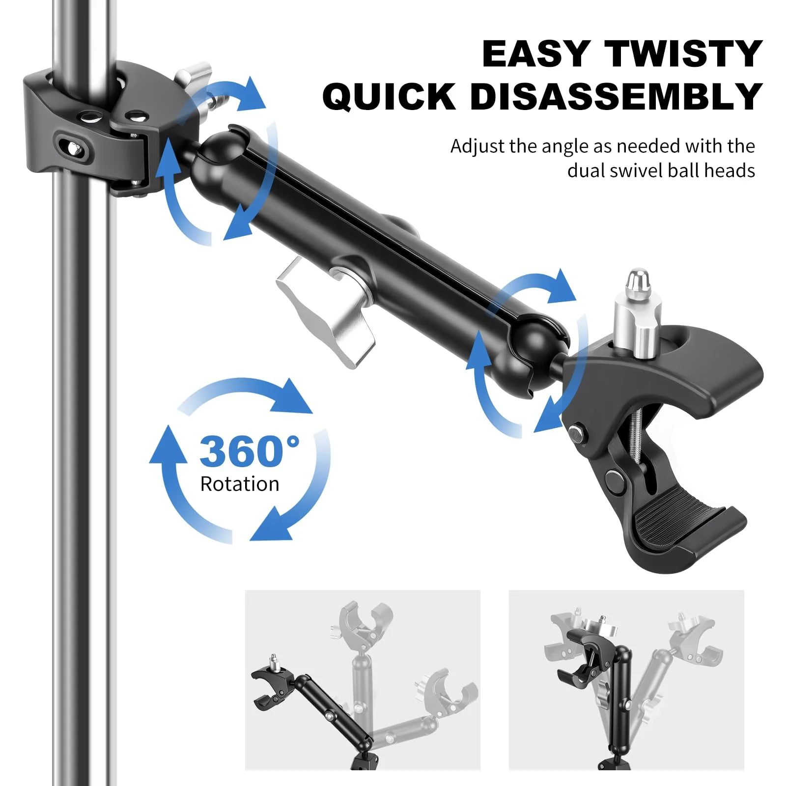Double Super Clamp Camera/Umbrella Mount,360° Magic Long Arm Pole Clamp,Double Ball Head Adapter for Photo Studio Light Stand,Gopro,Golf Carts,Motorcycle,Cross Bars,Strollers (Black) Black - Image 4