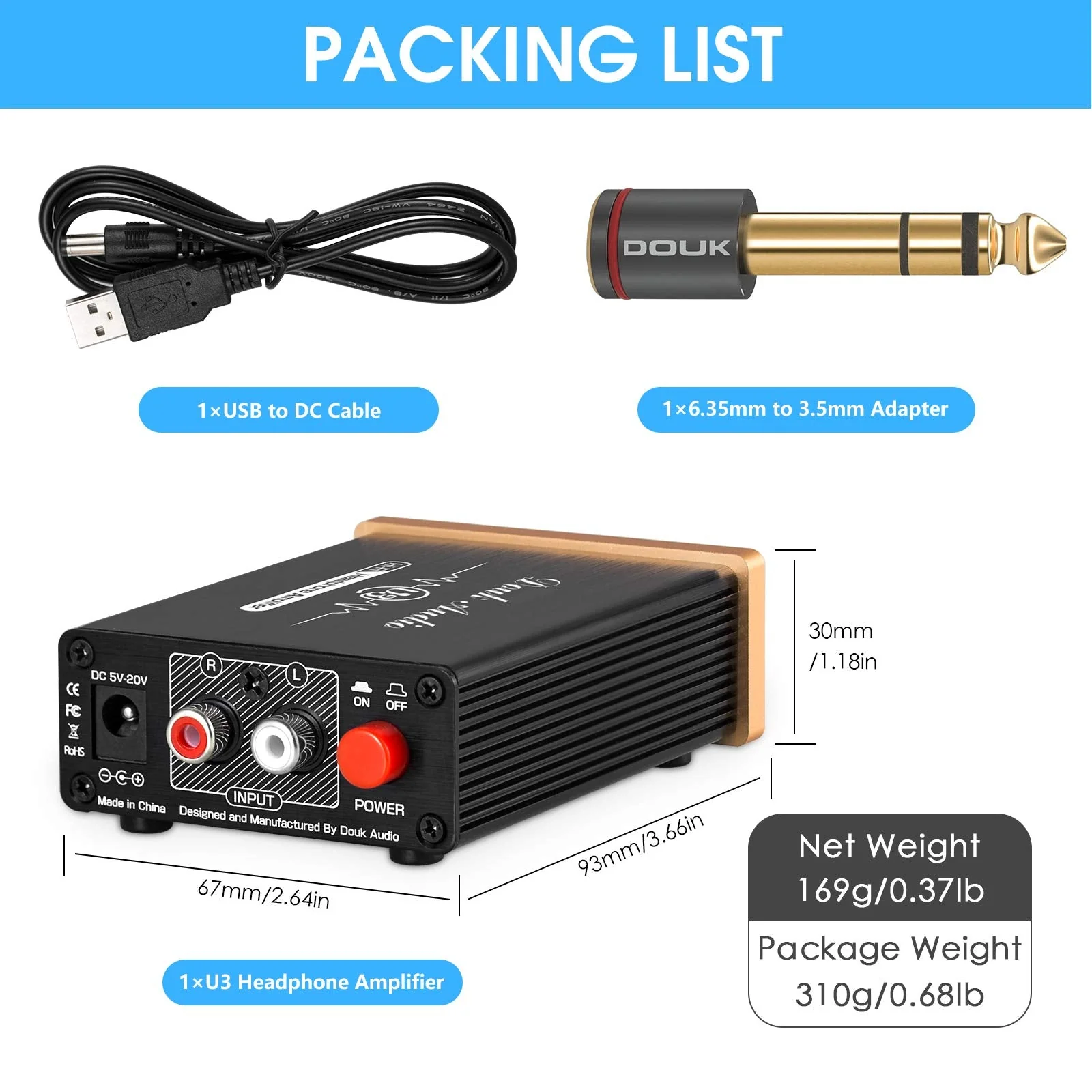 Douk Audio U3 Headphone Amps, Mini Hi-Fi Amplifier for Home Desktop PC 6.35mm / 3.5mm Headsets, Class A, RCA Input, DC 5V - Image 6