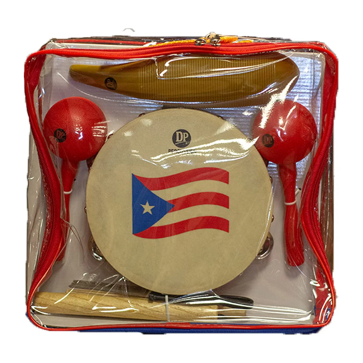 DP Music Parranda Kit Percussion with Carrying Bag - Puerto Rico Flag 8 Inches Tambourine - Claves - Plastic Güiro & Maracas (Maracas Red) Maracas Red